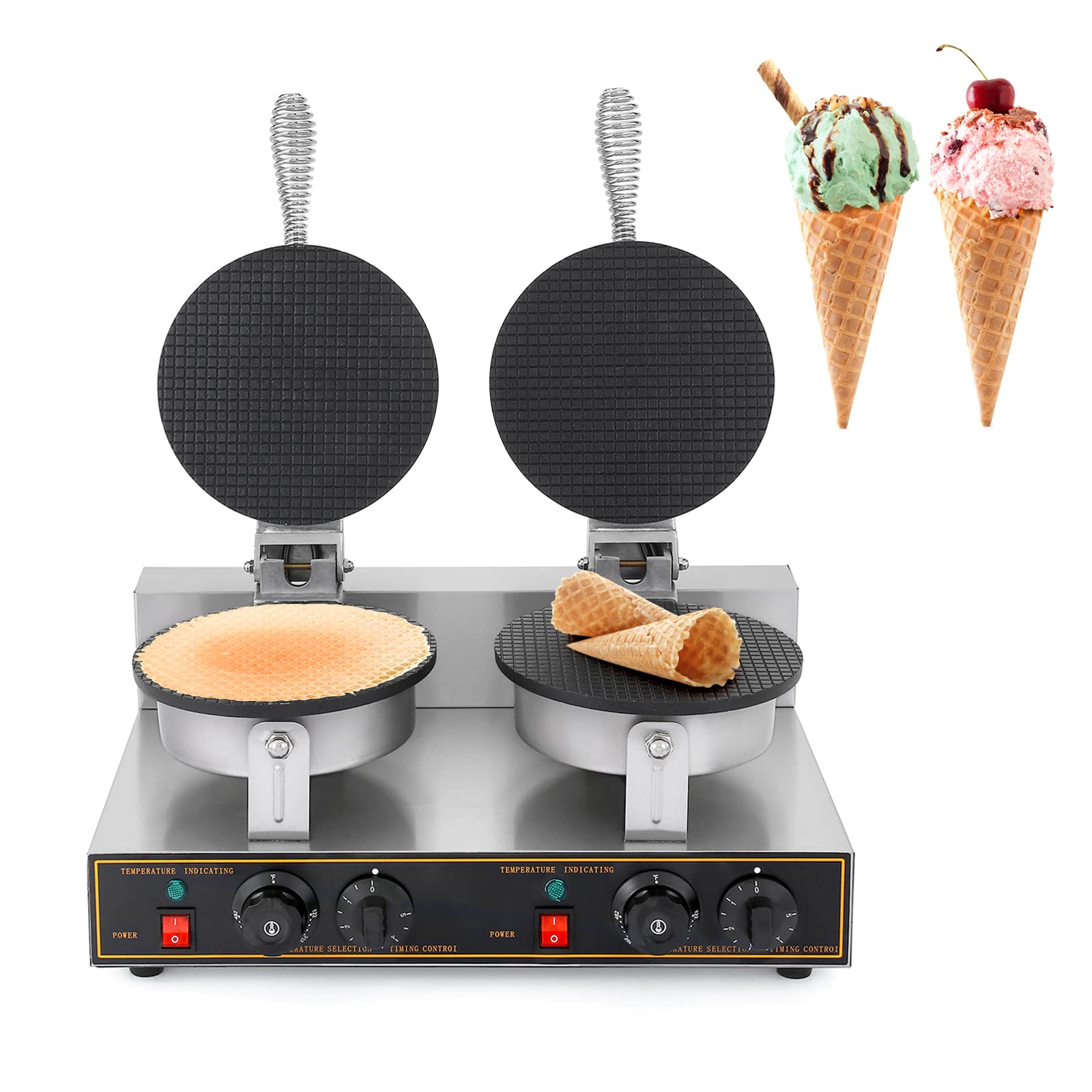 Dyna-Living 2400W Commercial Ice Cream Cone Maker - 110V Electric Waffle Cone Machine with Double Head, Stainless Steel Non-Stick Egg Roll Mold for Restaurants, Bakeries & Home Use - Perfect for Making Crispy Waffle Cones, Ice Cream Bowls & Dessert Creations