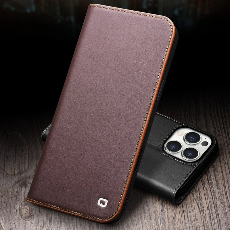 QIALINO Genuine Leather Wallet Case for iPhone 16 Pro - Handmade Premium Leather Phone Cover with Card Slots | Perfect for Everyday Use, Travel & Business (Black/Brown)