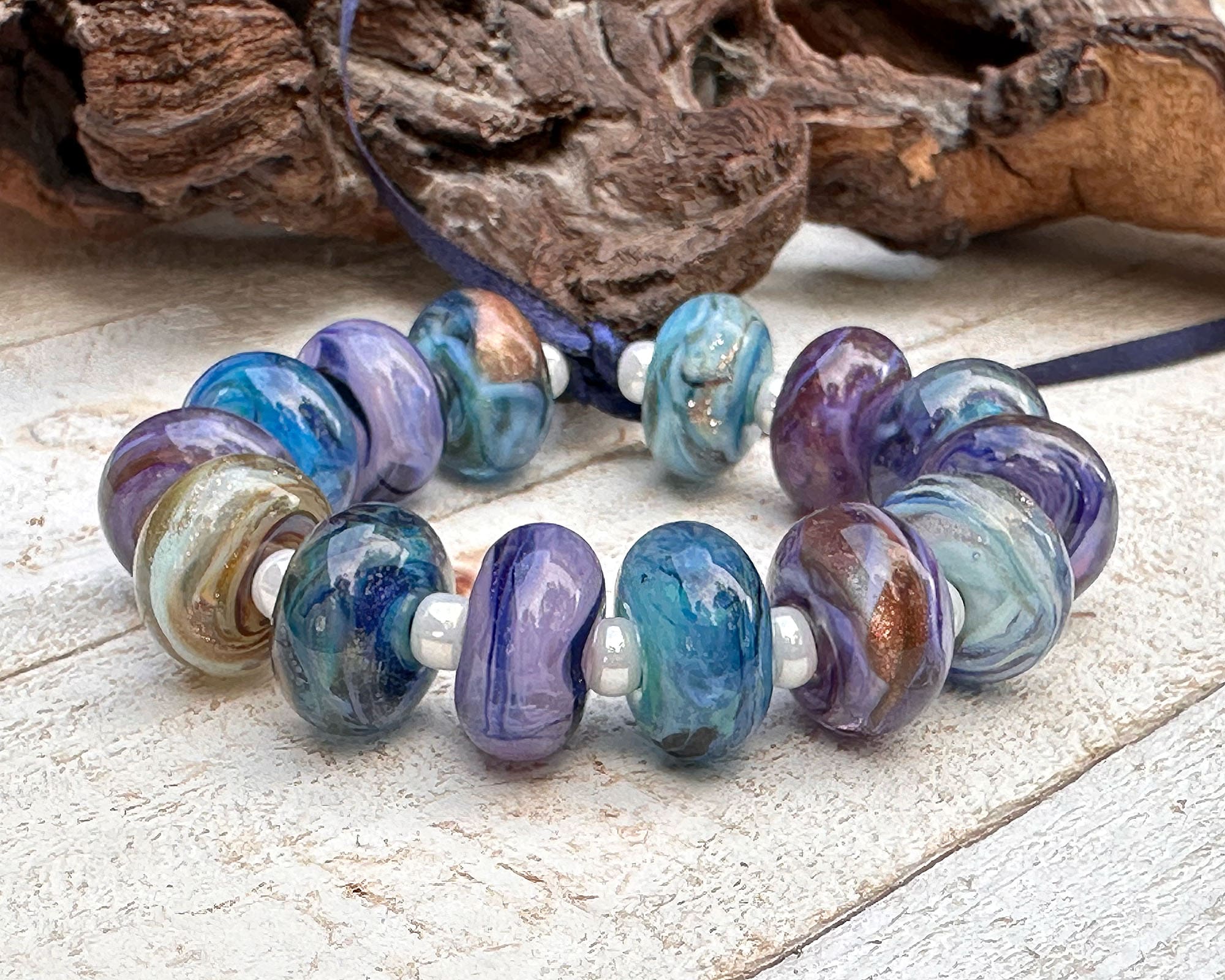 14 Blue Purple Lampwork Glass Beads Set for Jewelry Making - Handmade SRA Beads for Necklaces, Bracelets, and DIY Crafts - Perfect for Bohemian Style Accessories
