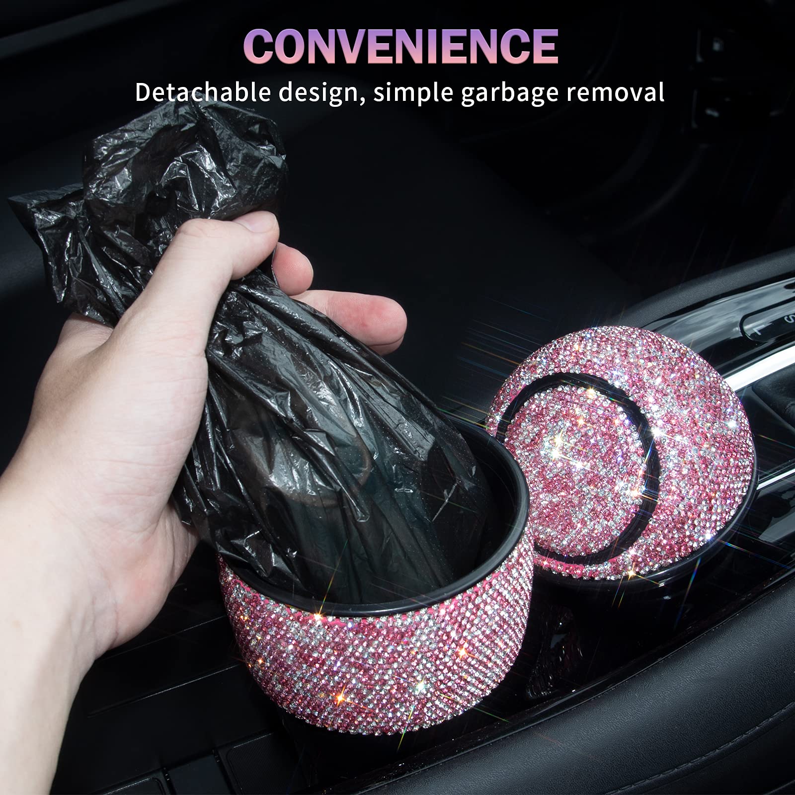 Bling Crystal Car Trash Can - Mini Auto Garbage Bin with Lid for Car, Office & Home - Pink Cup Holder Trash Can - Includes 5 Pack Disposable Bags - Perfect for Women's Cars, Road Trips & Workspaces