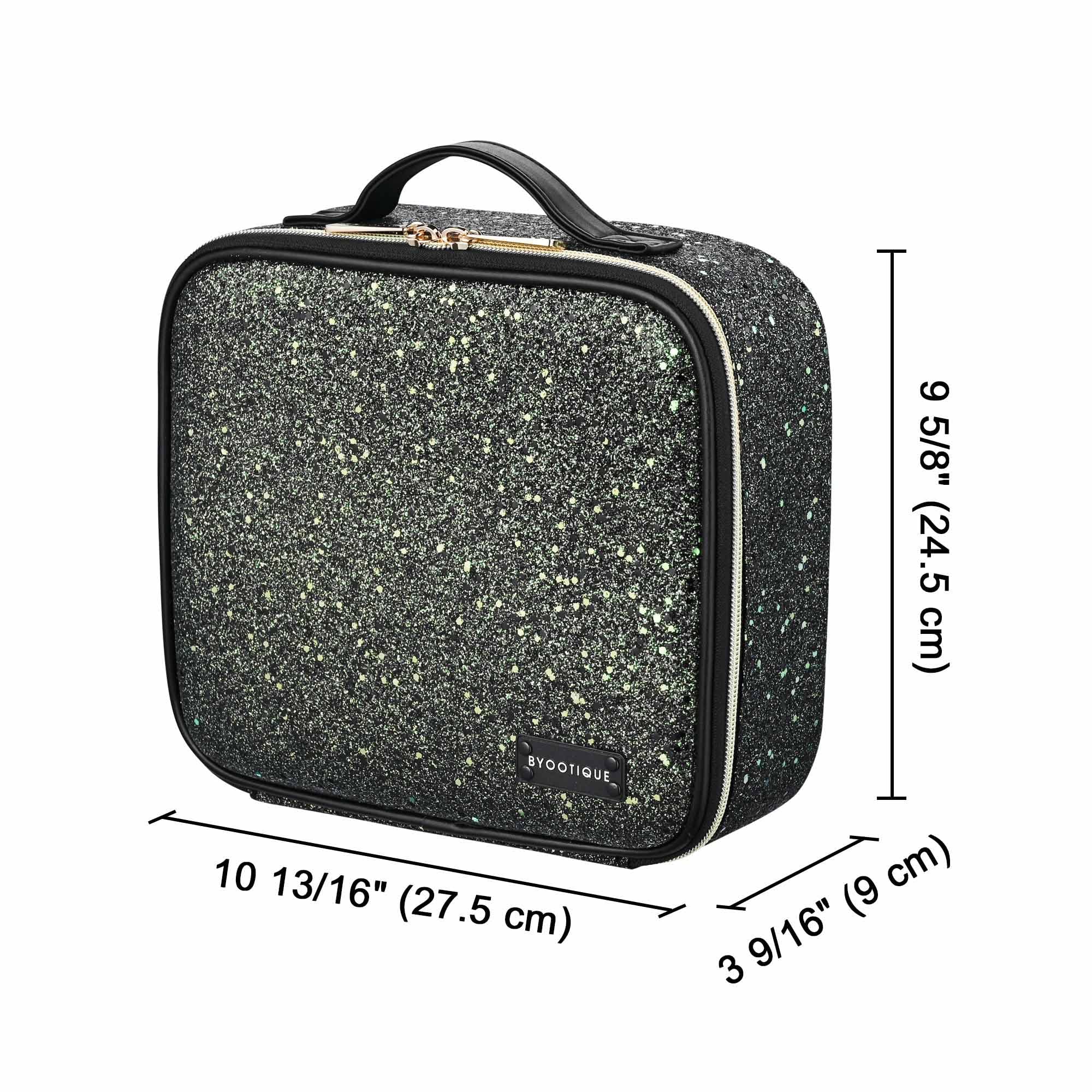 BYOOTIQUE Professional Travel Makeup Train Case with Adjustable Dividers - Sequin Cosmetic Organizer for Lipstick, Makeup Brushes & Toiletries - Glitter Black Makeup Bag for Travel, Home & Salon Use