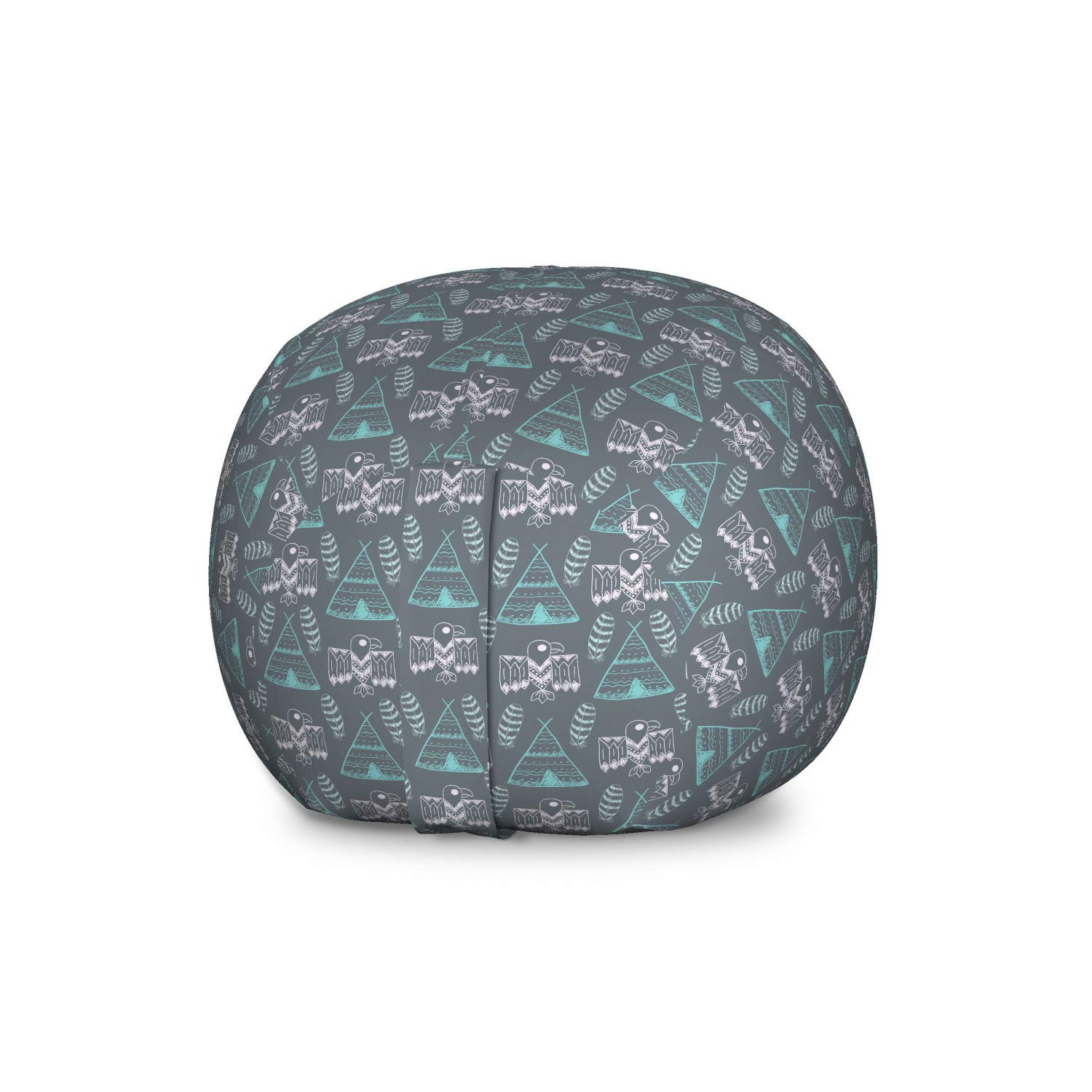 Lunarable Tribal Storage Toy Bag Chair - Doodle Style Eagles Feathers & Teepees Design - Washable Stuffed Animal Organizer - Large Size Charcoal Grey - Perfect for Kids' Room, Playroom & Nursery Organization