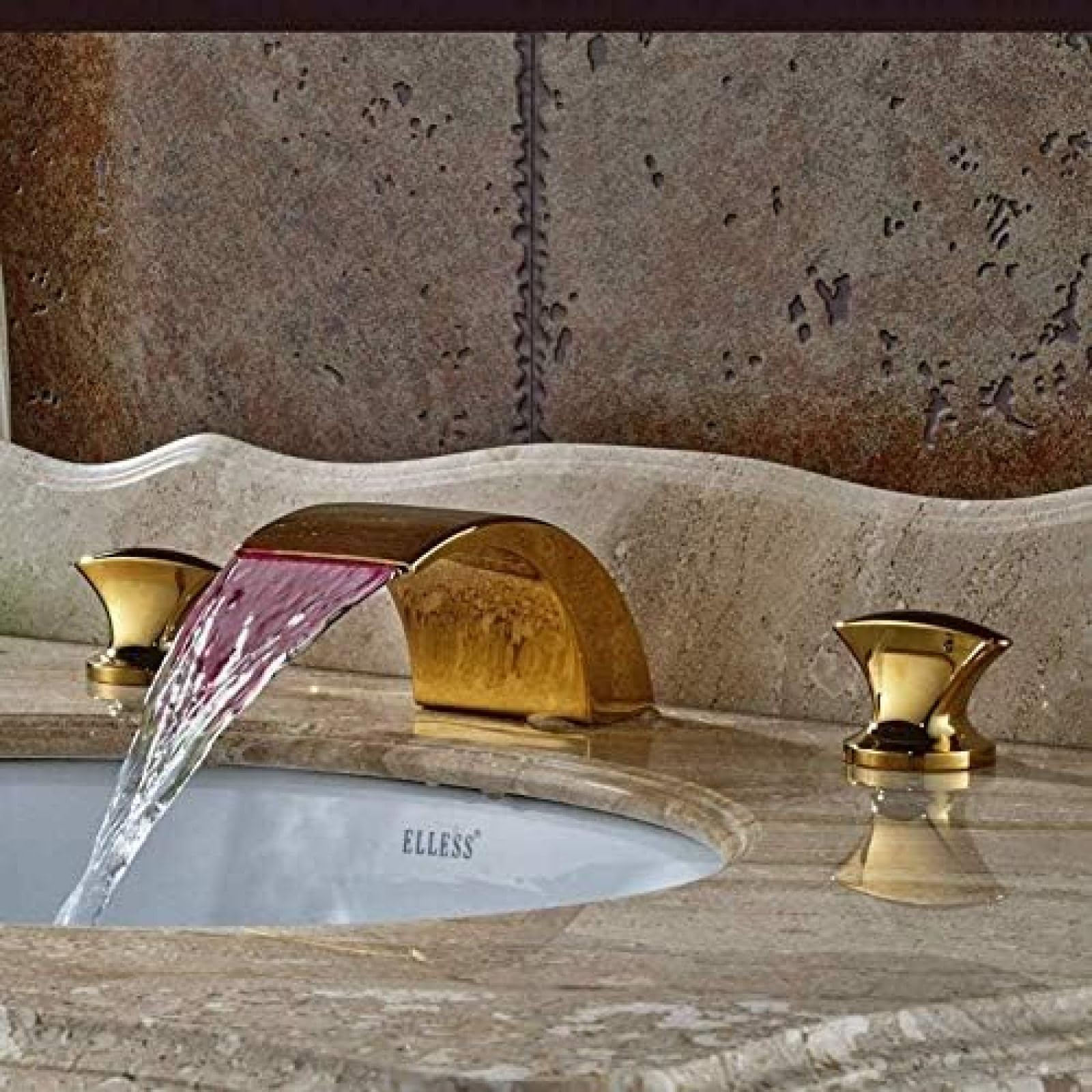 Luxury Color Changing Waterfall Kitchen Faucet - Dual Handle 3 Hole Sink Tap in Golden Brass for Modern Kitchens & Bathrooms | Perfect for Washing Dishes, Filling Pots & Adding Elegance to Your Home
