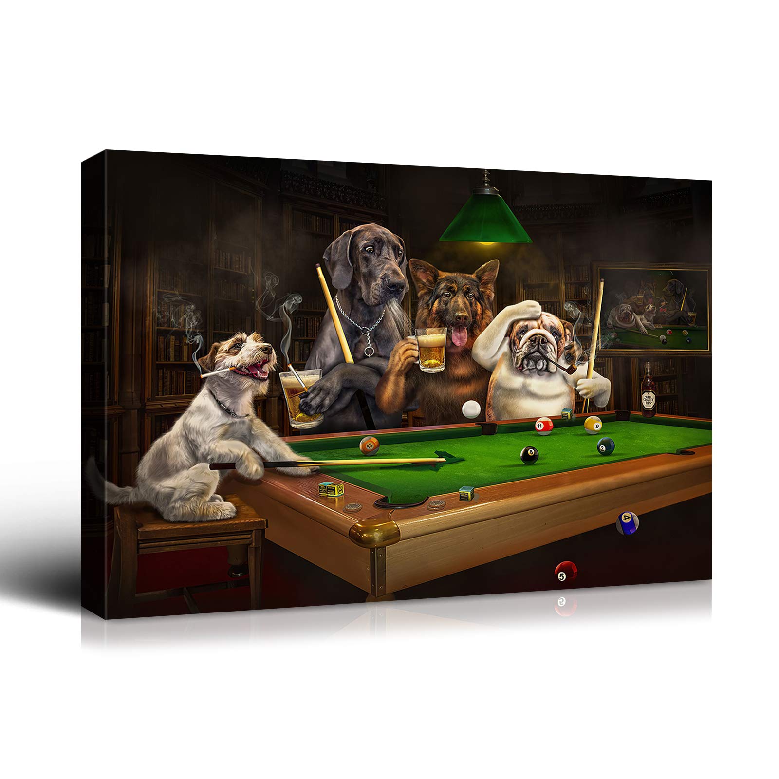 Denozer - Dogs Playing Pool by Cassius Marcellus Coolidge - Premium Oil Painting Reproduction on Gallery Wrapped Canvas (48x36 Inch) - Ready to Hang Billiards Artwork for Game Room, Man Cave, or Entertainment Space Wall Decor
