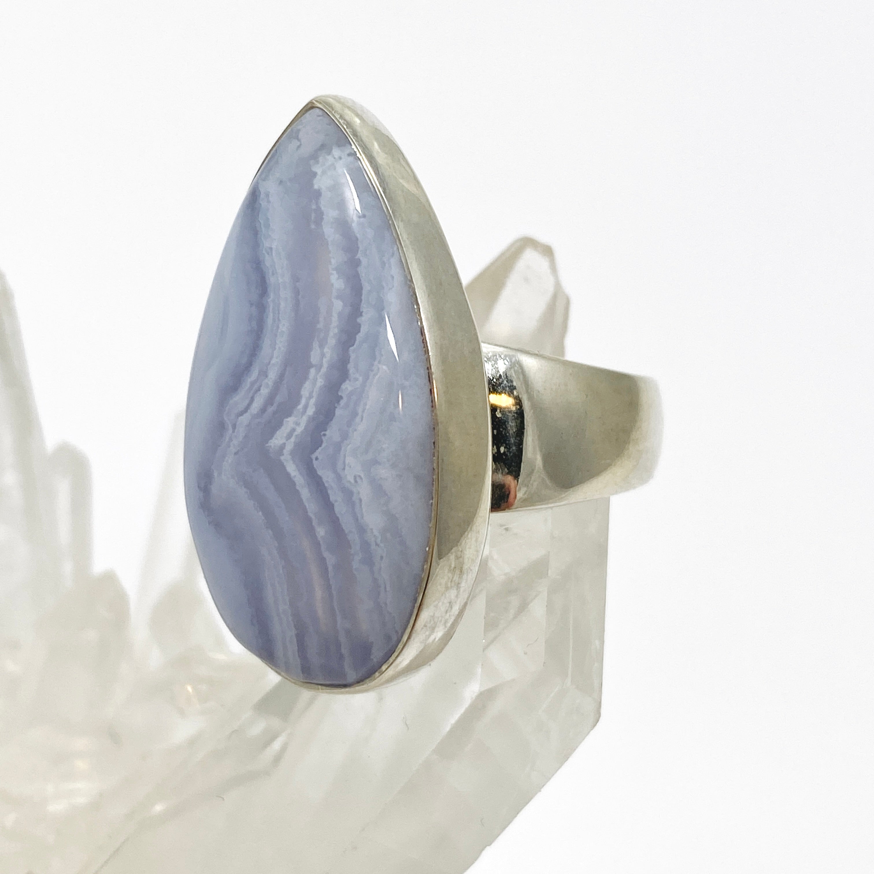 Blue Lace Agate Teardrop Cabochon Ring - Size 7 - Handmade Sterling Silver Jewelry - Perfect for Boho Fashion & Gift Giving