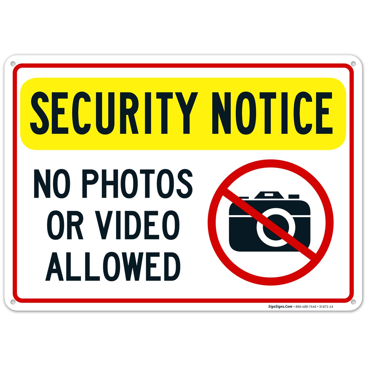No Photos or Video Allowed Sign - 10x14 Inch Rust-Free Aluminum Security Sign - Fade Resistant for Indoor & Outdoor Use - Easy Mounting - Made in USA - Perfect for Offices, Hospitals, and Restricted Areas