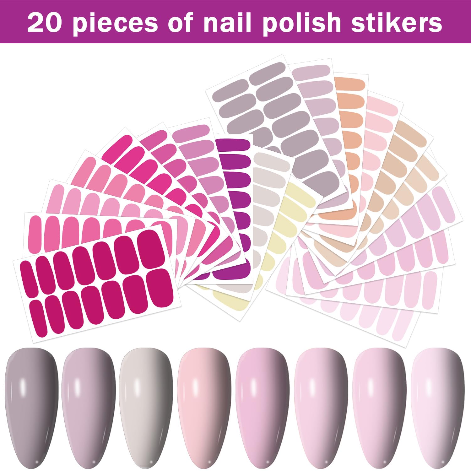 20 Sheets 280 Pcs Mix-Color Solid Nail Polish Strips for Women & Girls - Self-Adhesive Gel Nail Wraps in Pink, Yellow & More - Easy DIY Nail Art Stickers for Home, Party & Special Occasions