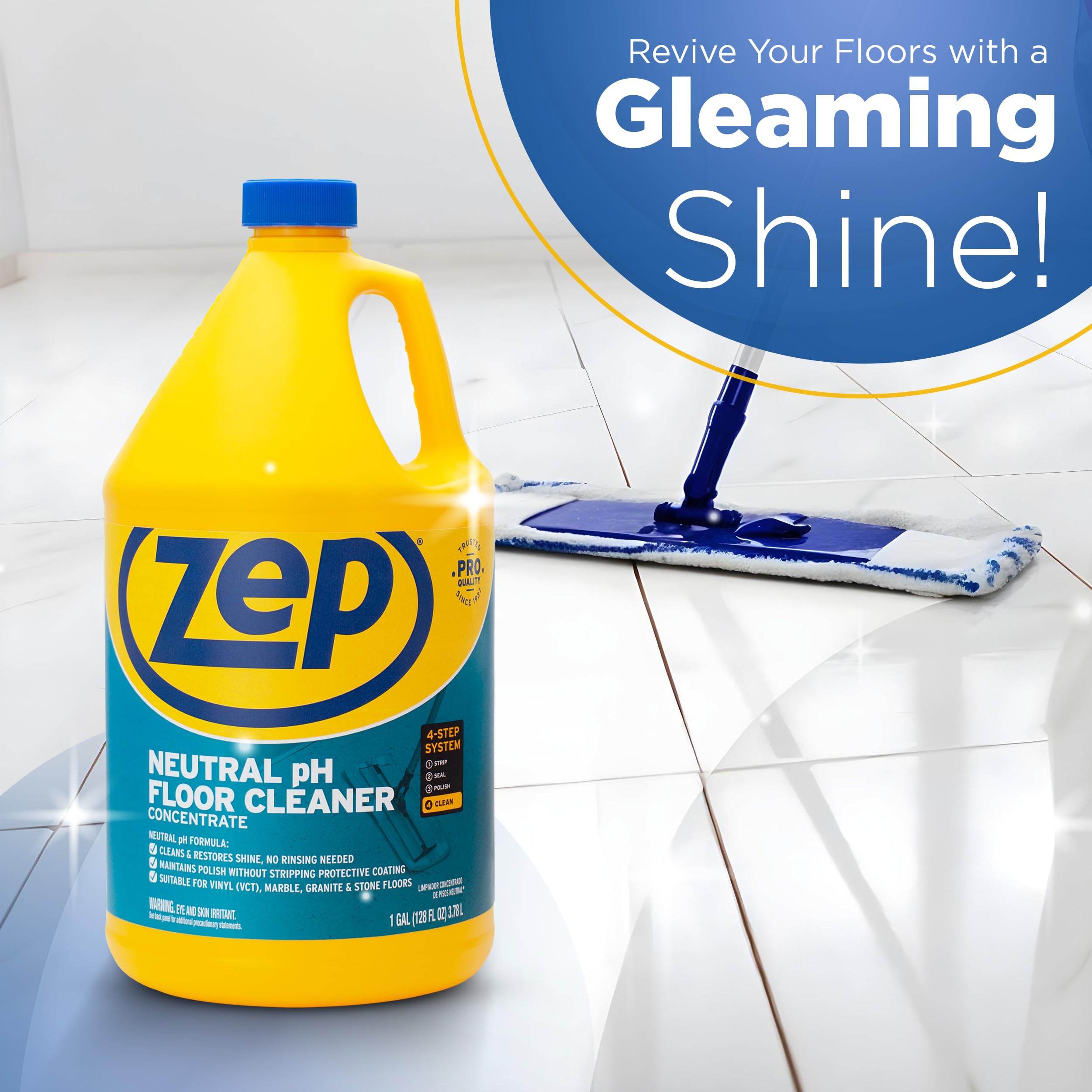 Zep Neutral pH Industrial Floor Cleaner Concentrate - 1 Gallon (Pack of 2) | All-Purpose Commercial & Home Floor Cleaning Solution | Safe for Tile, Vinyl, Concrete & More | ZUNEUT128 | Ideal for Warehouses, Garages & High-Traffic Areas