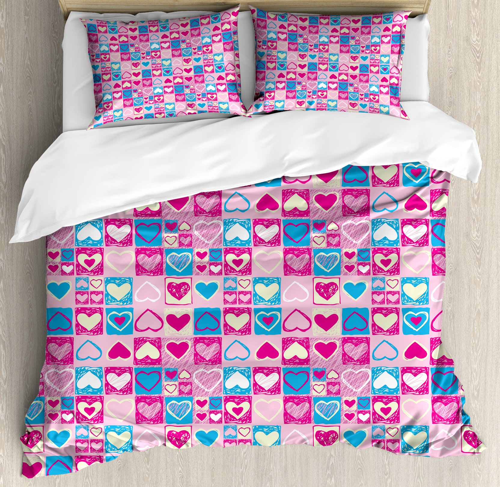 Ambesonne Love Duvet Cover Set - Queen Size 3 Piece Bedding with 2 Pillow Shams, Pink Blue Cream Doodle Sketchy Hearts in Squares Romantic Design for Girls Bedroom Decor | Perfect for Valentine's Day, Wedding Gift, or Teen Girl's Room Makeover