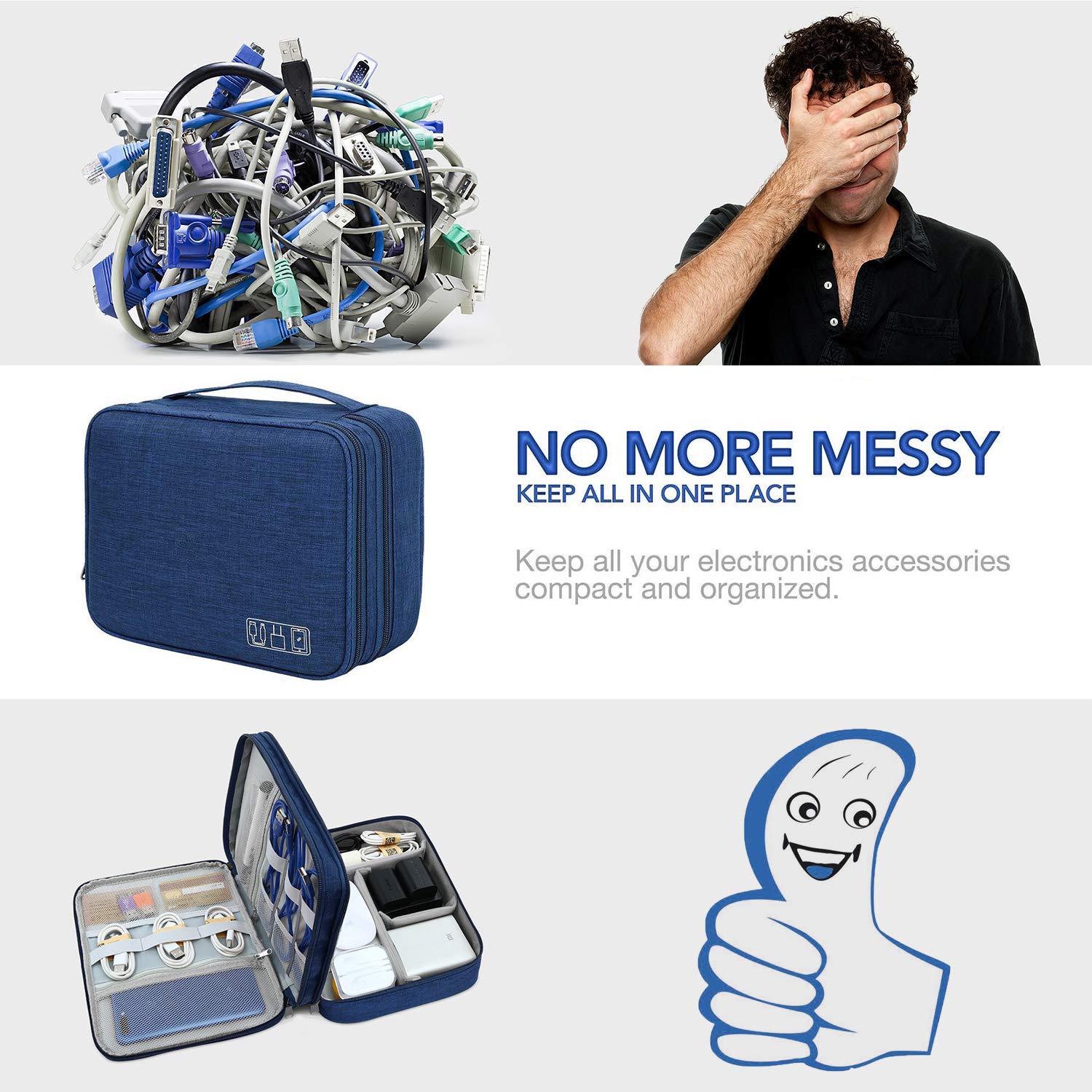 OrgaWise Waterproof Electronic Cable Organizer Bag - Portable Storage for Tablet, Hard Drive, Charger, USB Cables, Memory Cards & Adapters (3-Layer, Blue) | Perfect for Travel, Office & Home Organization