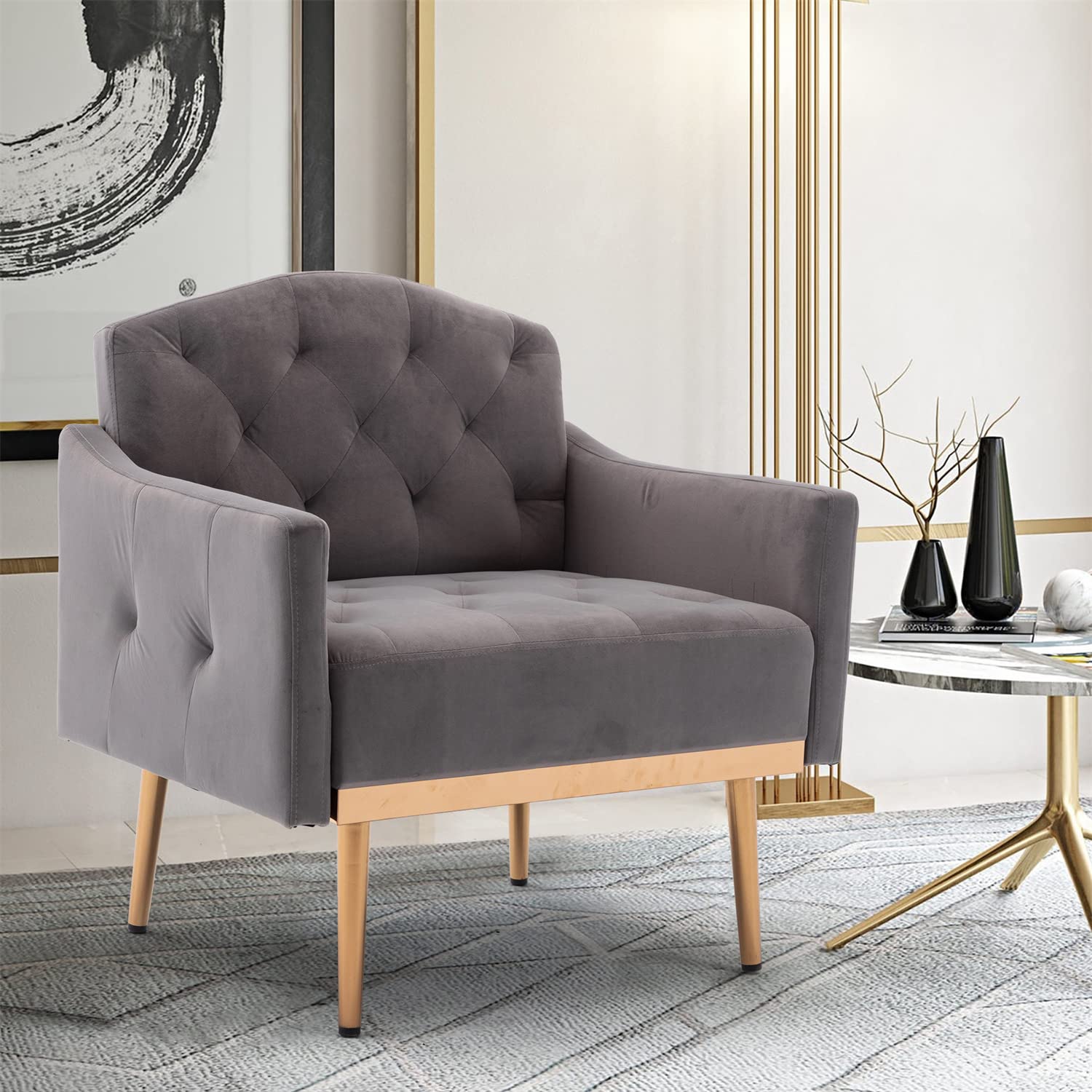 Velvet Upholstered Accent Chair with Rose Gold Legs - Modern Single Sofa Armchair for Living Room & Bedroom - Comfortable Reading Lounge Chair in Grey - Perfect for Home Decor, Relaxation and Small Spaces
