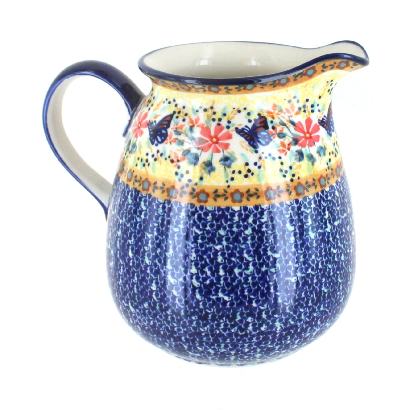 Handmade Blue Rose Polish Pottery Pitcher with Butterfly Design - Elegant Ceramic Water Pitcher for Home Decor, Tea Serving, and Gift Giving