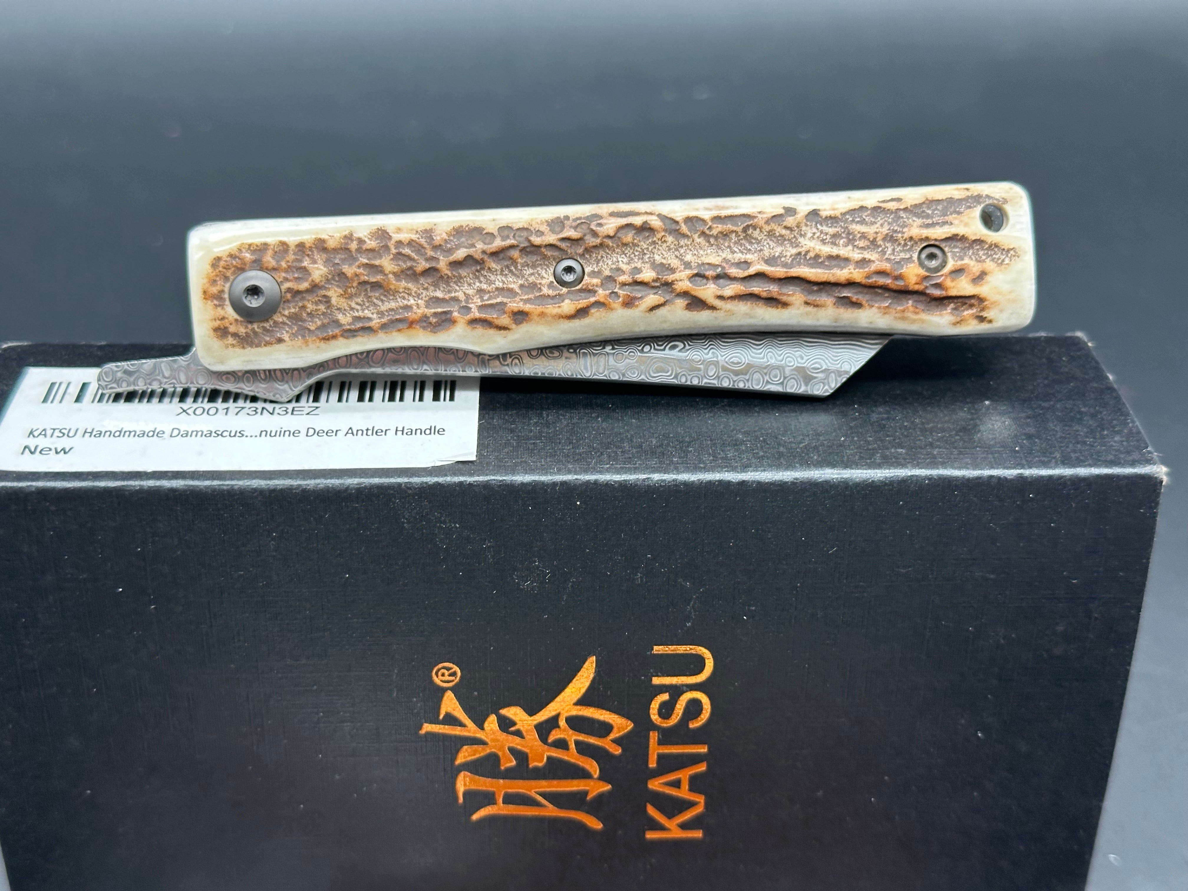 KATSU JDA01 Genuine Deer Antler Handle Hunting Knife with Damascus Steel Blade & Leather Sheath - Perfect for Outdoor Camping, Bushcraft, and Survival Activities
