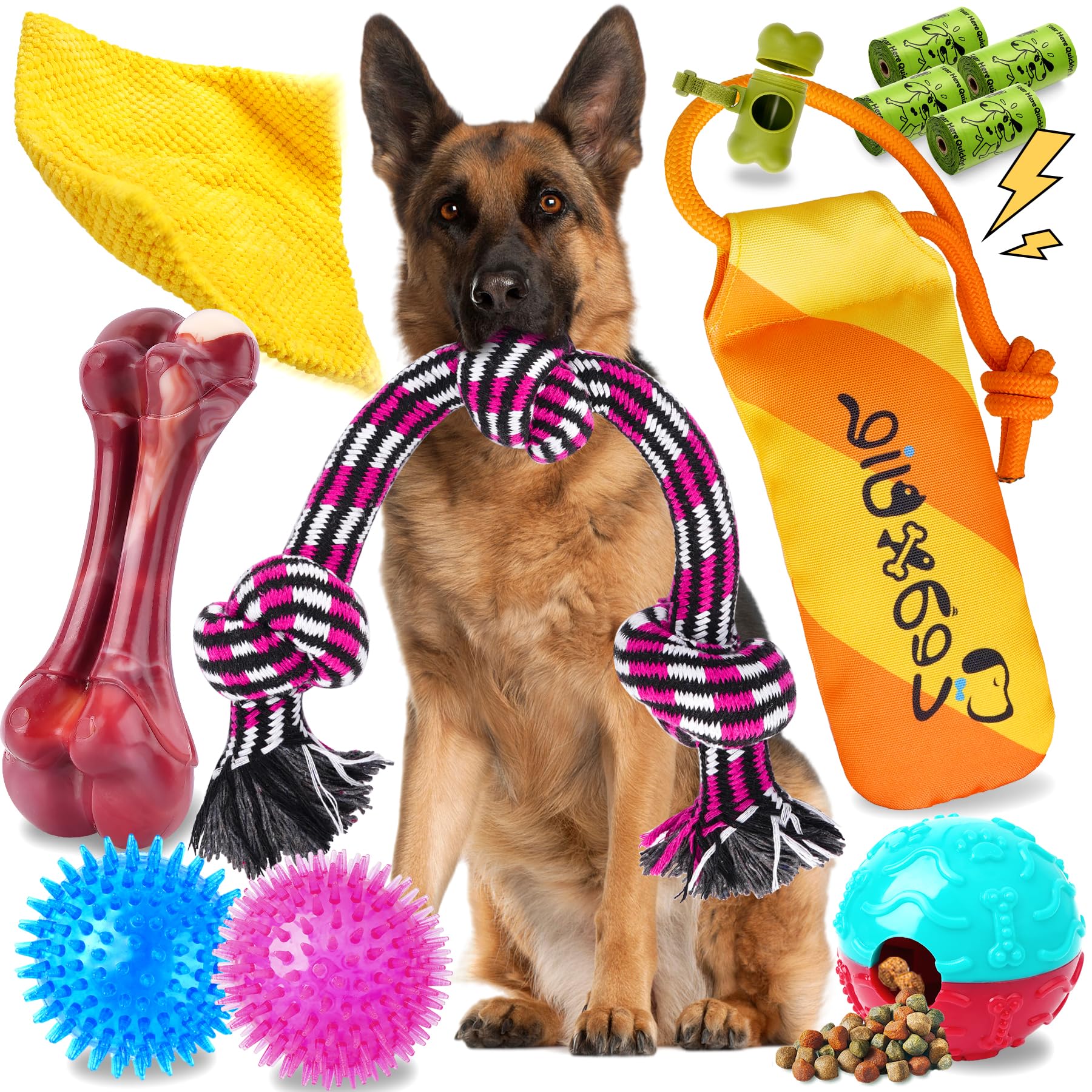 12 Pack Durable Dog Chew Toys for Aggressive Chewers - Heavy Duty Rope Toys, Squeaky Toys & Indestructible Chew Bones for Medium, Large & X-Large Dogs - Perfect for Playtime, Training & Teeth Cleaning