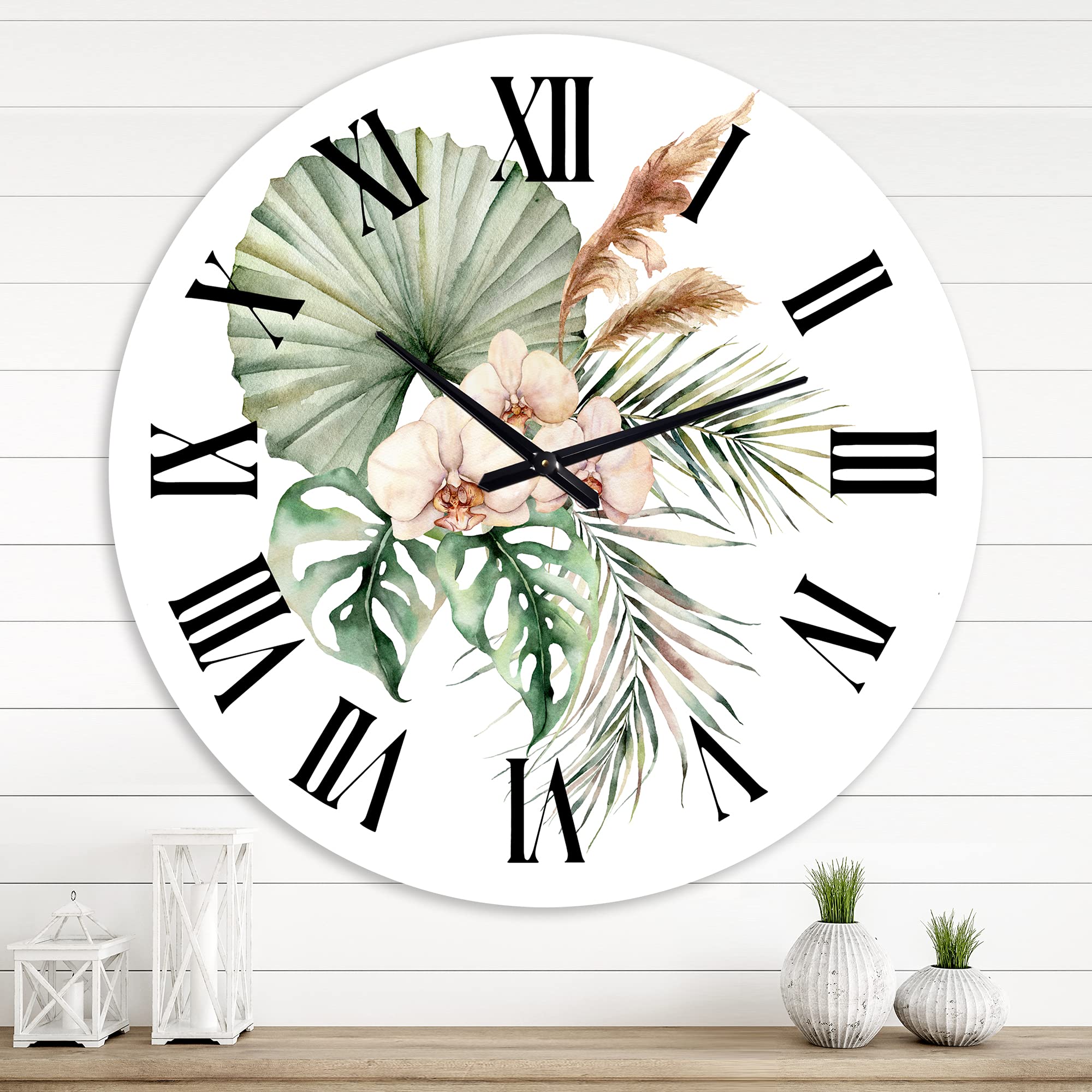 DesignQ Tropical Bouquet Wall Clock with Orchids & Palm Leaves - Large Floral Botanical Wall Decor for Living Room, Bedroom, Office | Perfect for Home, Office & Gift Giving