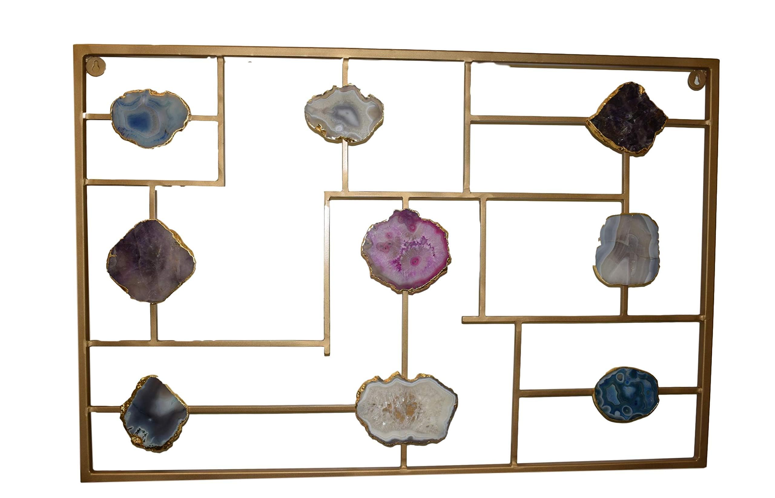 Natural Agate Slices Wall Art - Framed Blue, Brown, Pink, Gray & Gold Healing Crystal Geode Decor - 36 Inch Modern Home & Office Decoration - Perfect for Living Room, Bedroom or Workspace Décor