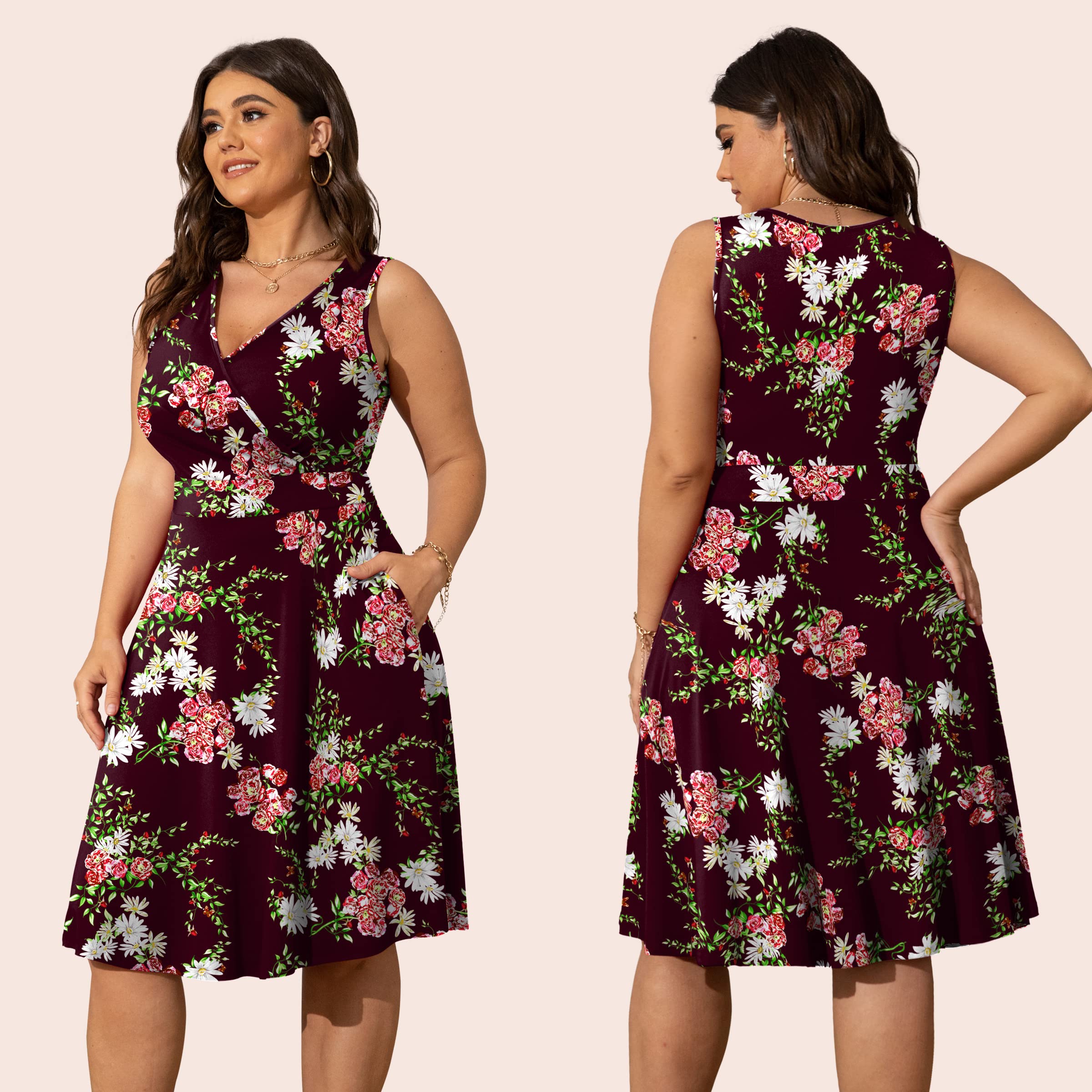 **POSESHE Women's Plus Size Sleeveless Wrap V-Neck Sundress - Casual Summer Wedding Guest Cocktail Dress with Pockets - Perfect for Beach, Party & Office Wear**