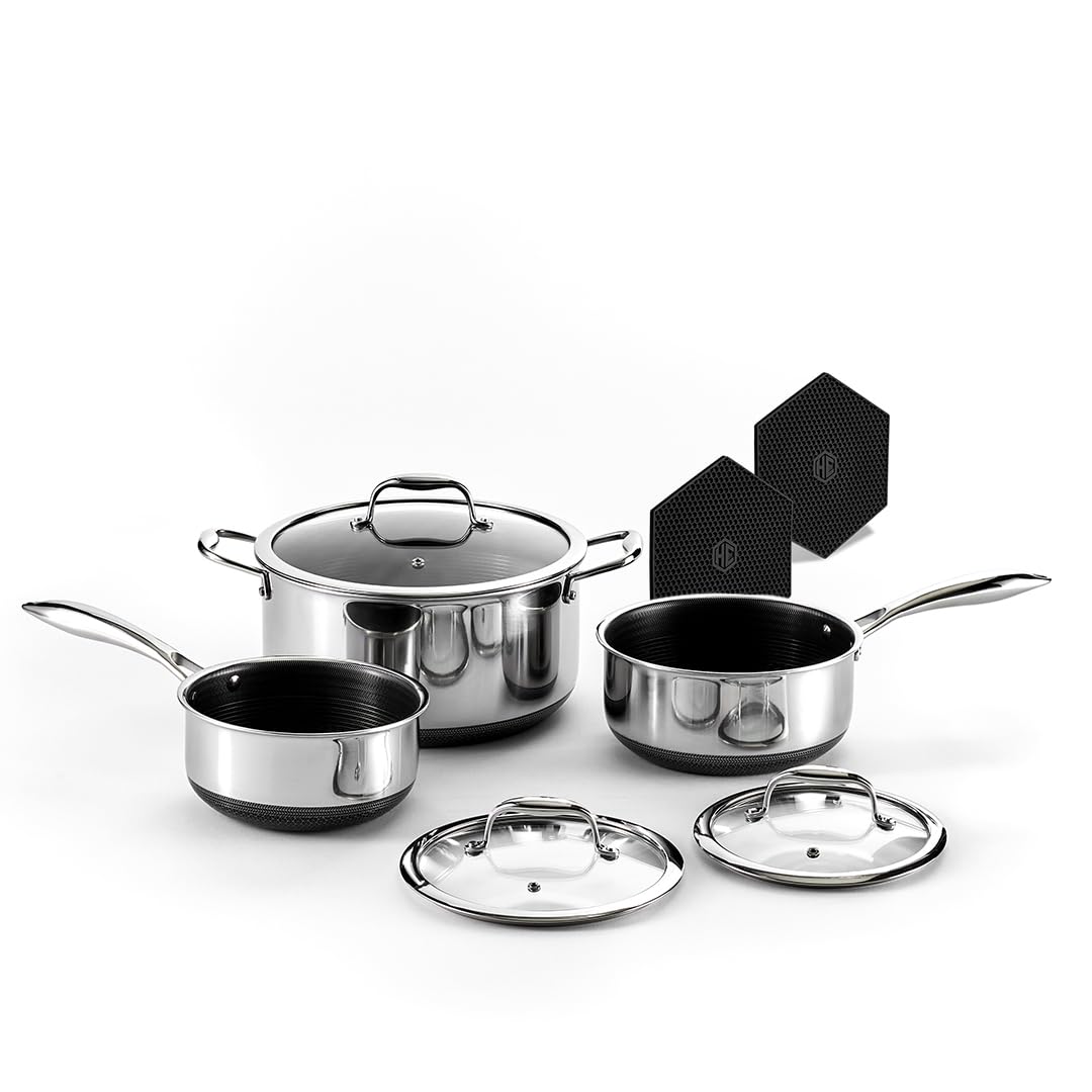 HexClad Hybrid Nonstick 6-Piece Cookware Set with 2 Silicone Trivets – Includes 2, 3 & 8-Quart Pots with Tempered Glass Lids, Stay-Cool Handles, Dishwasher Safe & Induction Compatible for All Stovetops – Perfect for Home Cooking, Meal Prep & Professional Kitchens