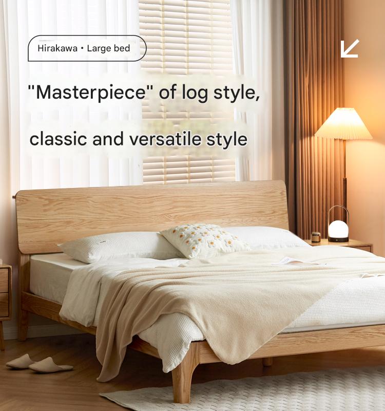 Solid Oak Rubber Wood Bed - Modern Nordic Style Queen/King Size Bed Frame for Bedroom, Living Room & Guest Room