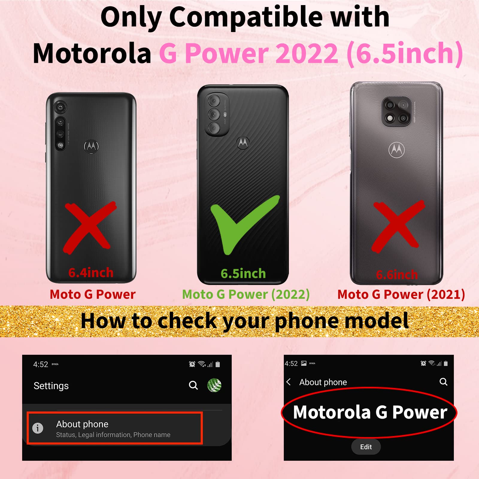 3-in-1 Heart Pattern Phone Case for Motorola Moto G Power 2022 (6.5 Inch) - Cute Aesthetic Love Design with Screen Protector & Chain - Perfect Gift for Women & Girls (Black Gold Luxury Girly Style) - Ideal for Daily Use, School, Work & Travel Protection