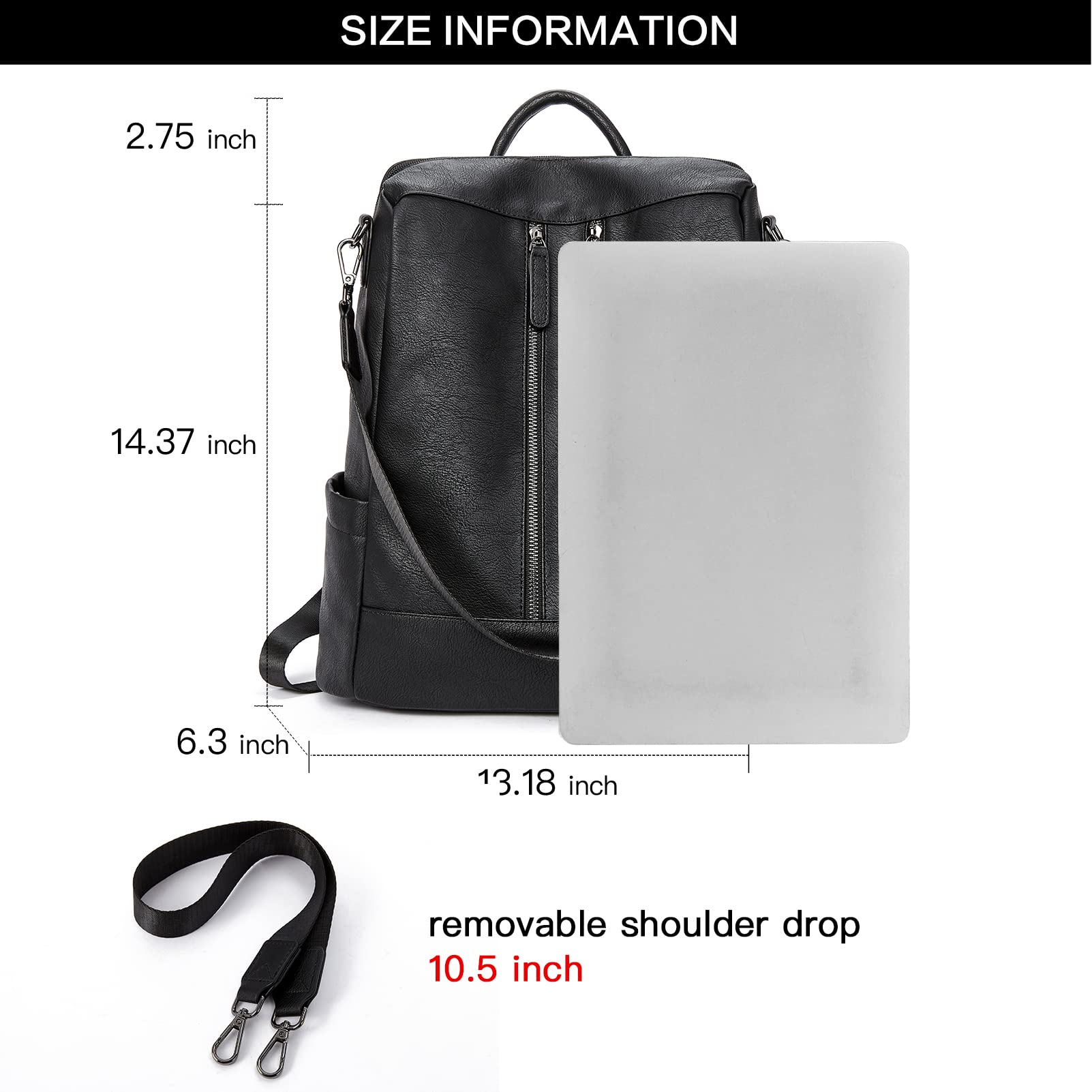 BROMEN Women's Leather Backpack Purse - Anti-Theft Laptop Bookbag with Shoulder Strap, Fashionable Handbag for Work, Travel & College (Black)