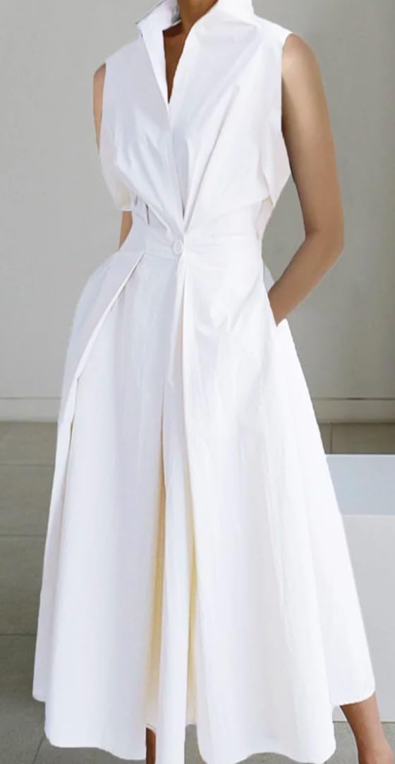 Women's Linen Elastic High Waist Sleeveless Shirt Dress with Pocket - Knee Length Casual Summer Dress for Beach, Vacation & Everyday Wear