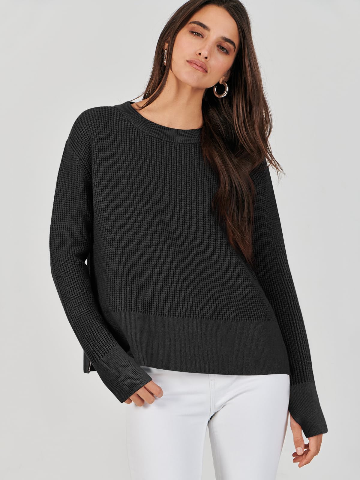 ANRABESS Women's Long Sleeve Waffle Knit Pullover Sweater with Side Zipper & Thumbholes | Casual Crewneck Top for Fall 2024 | Perfect for Autumn Layering, Coffee Dates & Weekend Outings