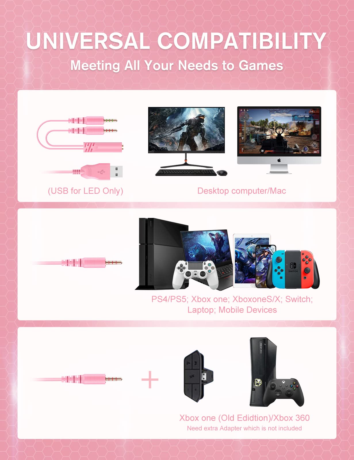 ZIUMIER Z30 Pink Gaming Headset - Wired Over-Ear Headphones with Noise Cancelling Mic, RGB LED Lights & Surround Sound for PS5, PS4, Xbox One, PC - Comfortable Earmuffs for Long Gaming Sessions (Pink)