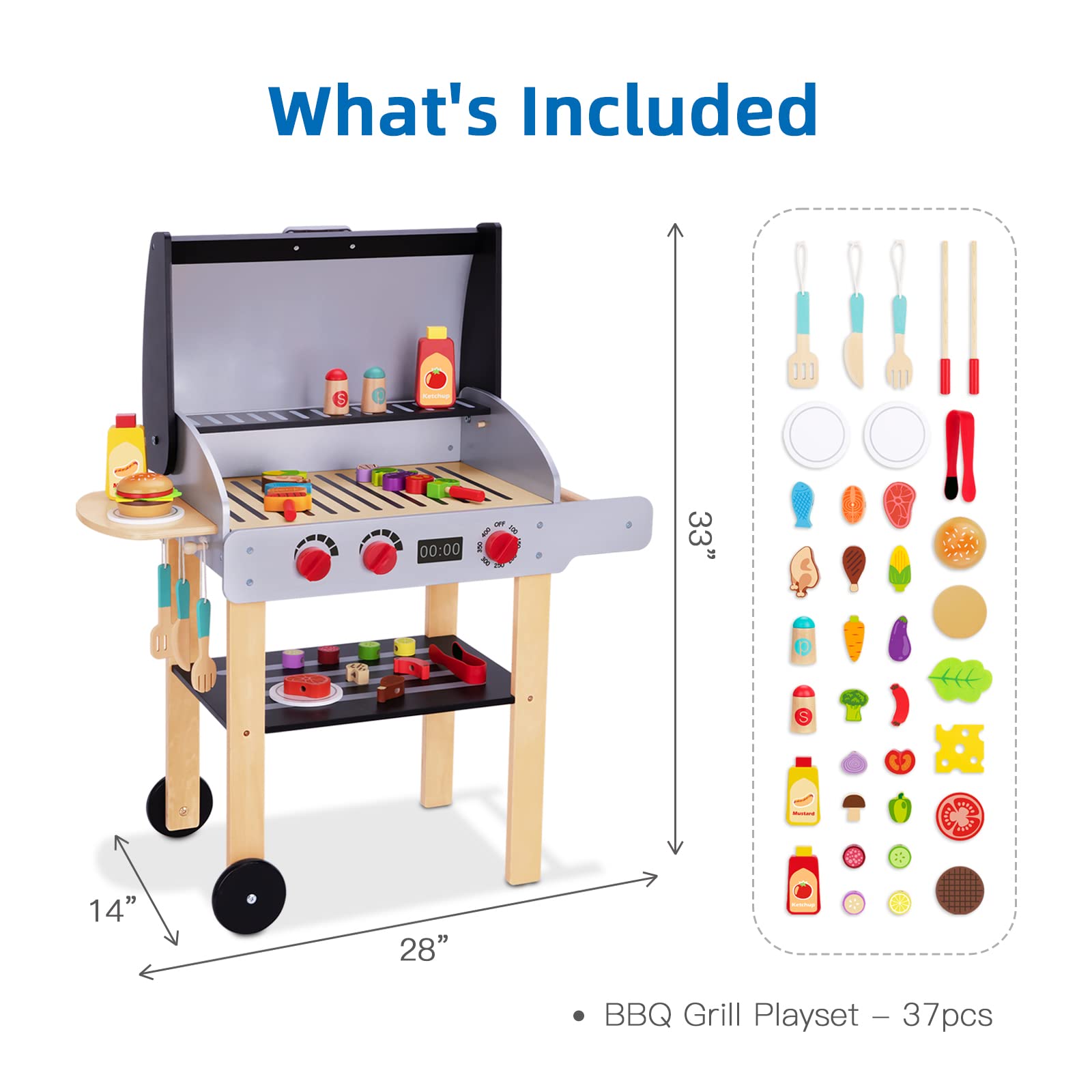 **Wooden Play BBQ Grill Toy Set for Kids - Pretend Play Kitchen Accessories with Toy Food & Grilling Tools - Perfect for Toddlers Boys & Girls Ages 3+ - Outdoor & Indoor Imaginative Play**