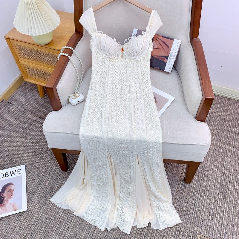 Atalanta Embellished Flared Midi Dress in Cream White - Elegant Boho Chic Dress for Weddings, Parties & Special Occasions