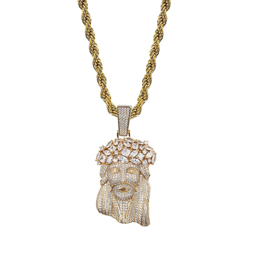TOPGRILLZ 14K Solid Gold Plated Iced Out Big Baguette Diamond Jesus Piece Pendant Necklace Chain for Men - Hip Hop Jewelry, Bling Accessory for Rappers, Performers & Fashion Enthusiasts