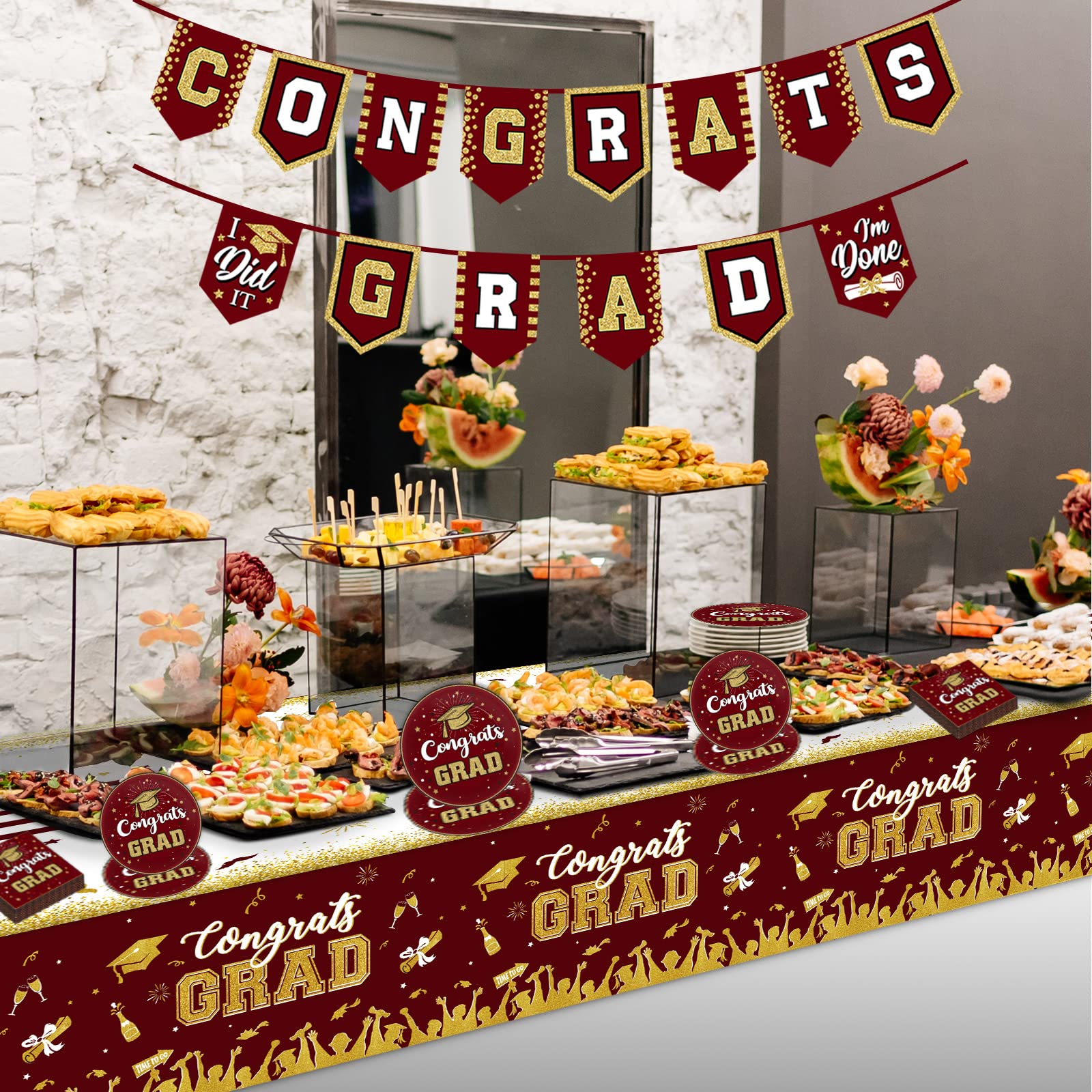 2025 Graduation Party Supplies Kit - Maroon & Gold Decorations for 24 Guests | Includes Congrats Grad Banner, Plates, Tablecloth, Napkins | Perfect for High School & College Graduation Celebrations