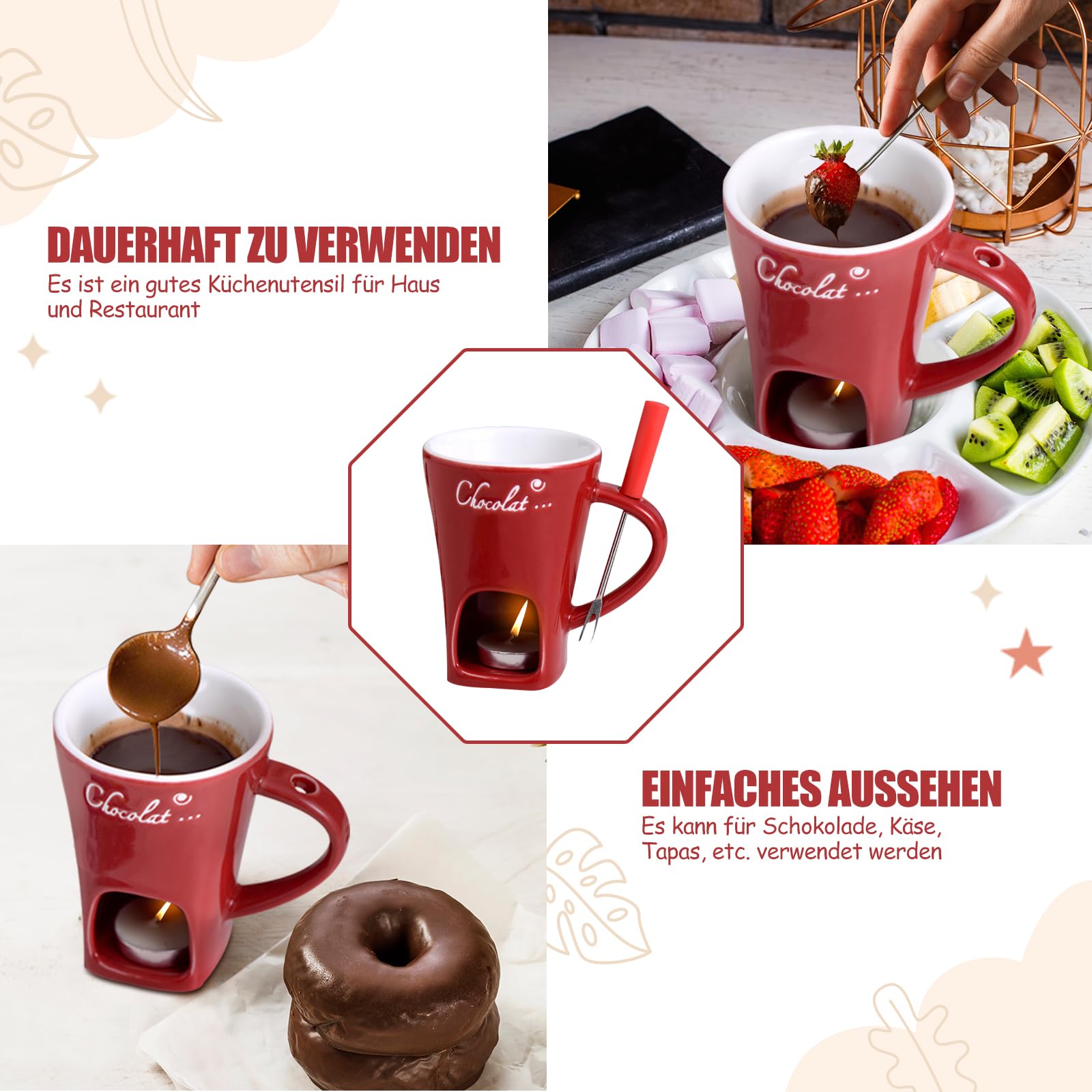 130ml Fondue Mug - Coffee Cup & Chocolate Melter Pot with Warmer for Candy, Dessert, Cooking | Perfect for Wedding, Kitchen & Party Treats (Red)