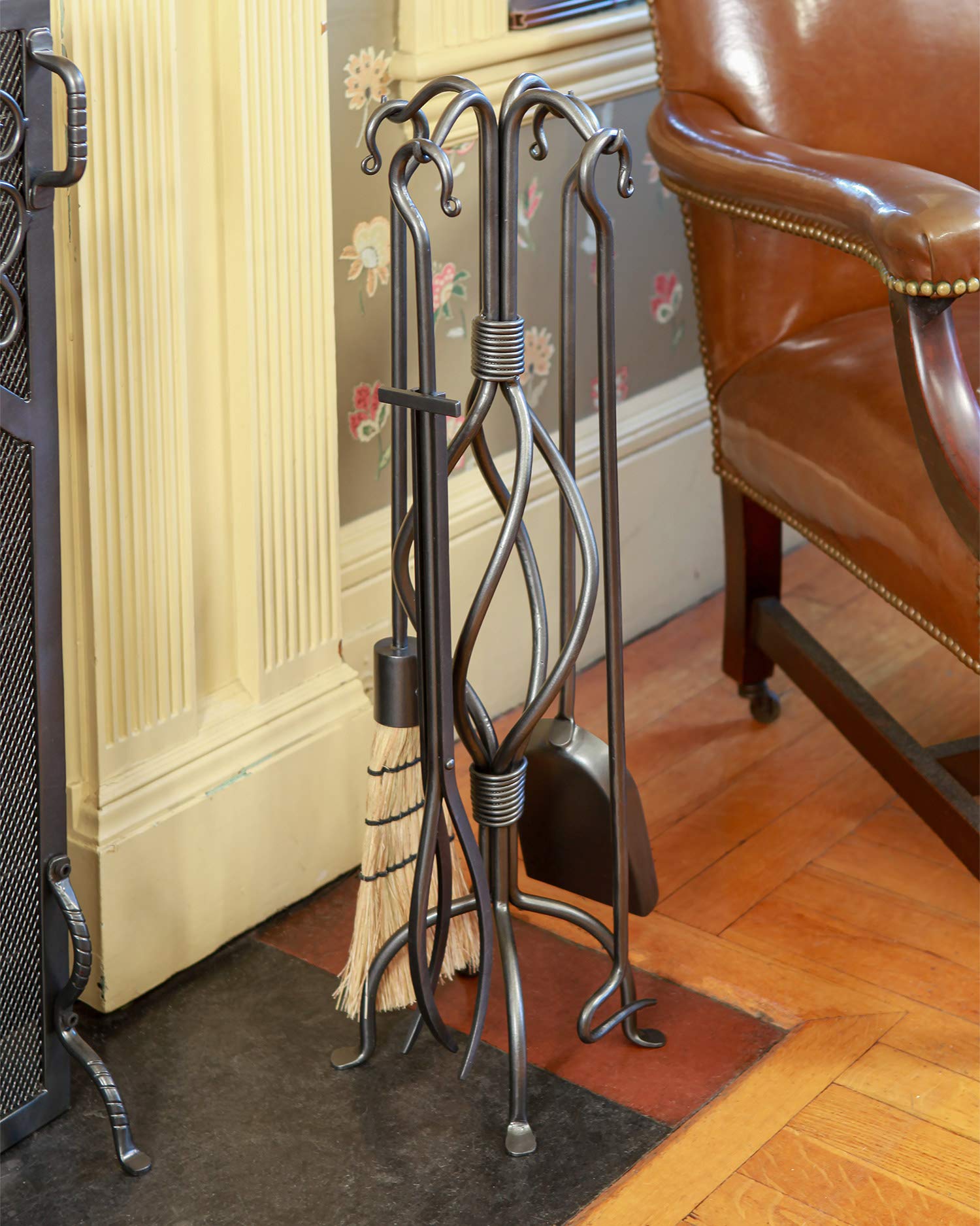 Helix 5-Piece Wrought Iron Fireplace Tool Set - Durable Fireplace Accessories with Stand, Poker, Brush, Shovel & Tongs - Perfect for Fireplace Maintenance & Home Decor (Black Finish) - Ideal for Indoor Fireplaces, Outdoor Fire Pits & Cozy Winter Nights