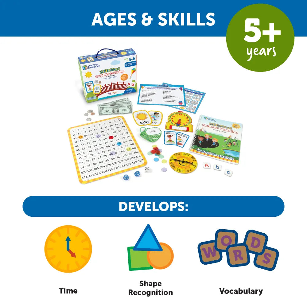 Skill Builders Summer Learning Activity Set for Kindergarten & 1st Grade - Fun Educational Games for Kids at Home or Classroom