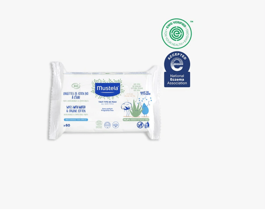 Mustela Organic Baby Wipes with 99% Water & Organic Cotton - 60 Count Pack | Gentle for Newborn Skin Care, Diaper Changes & On-the-Go Cleaning