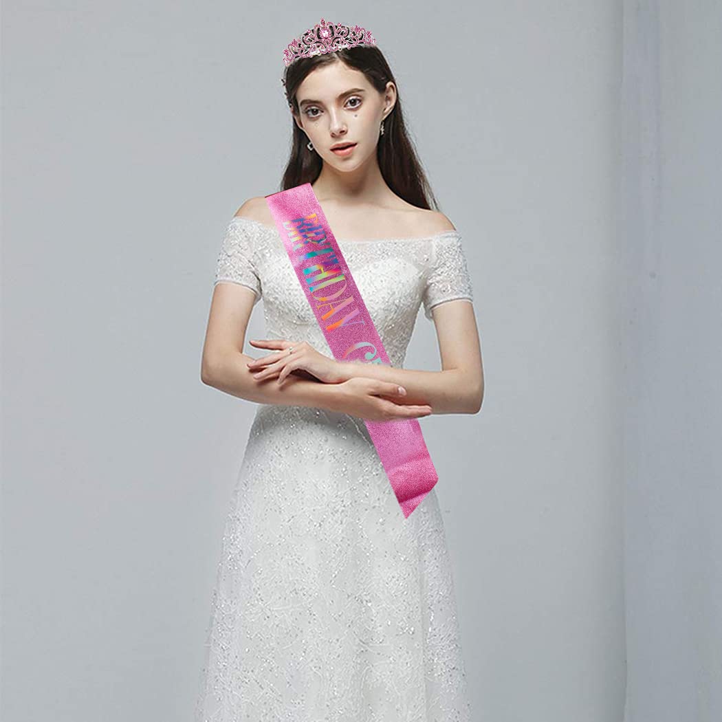 Elegant Pink Rhinestone Birthday Tiara & Sash Set for Women - Sparkling Birthday Crown, Girl's Party Accessories - Perfect for Birthday Celebrations, Bachelorette Parties & Special Occasions
