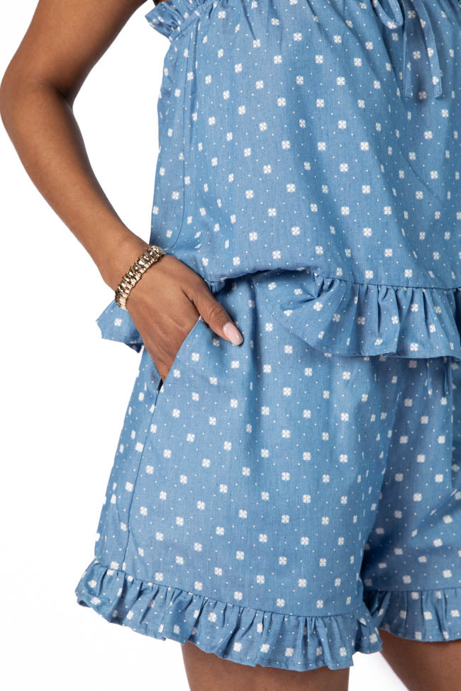 Stylish Blue Printed Chambray Outfit Set for Women | Trendy Matching Top & Bottom | Perfect for Casual Wear, Weekend Outings & Summer Fashion
