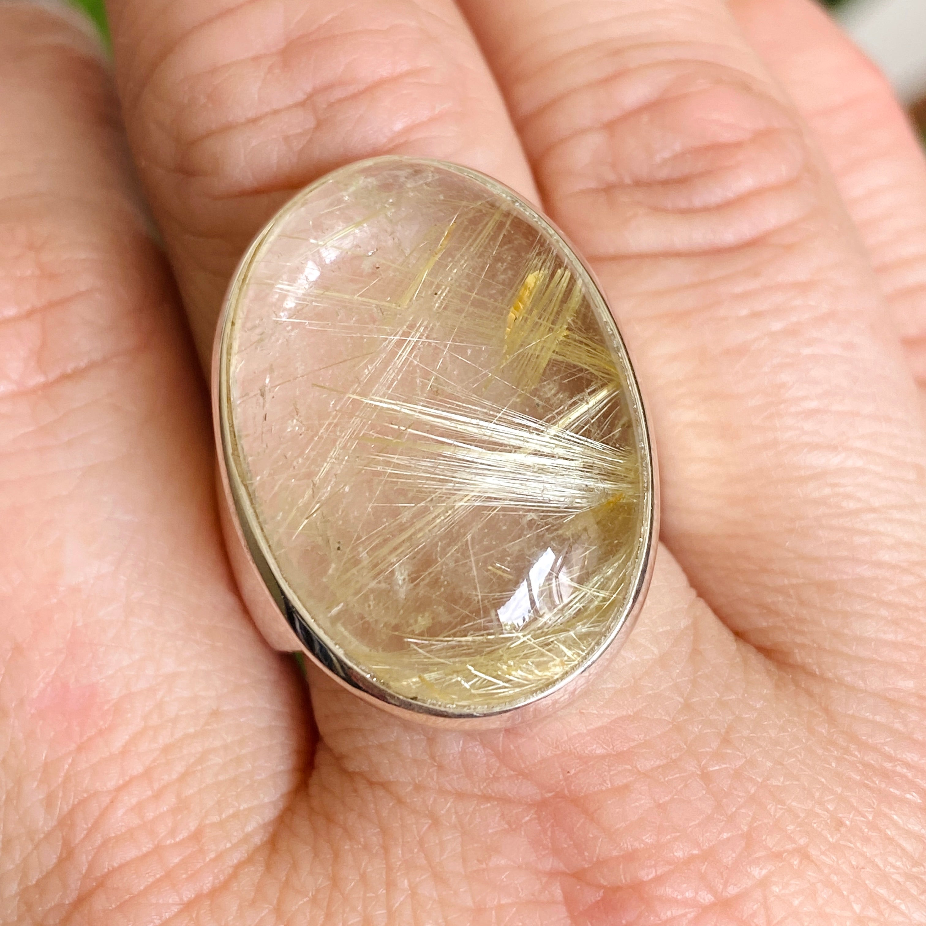 Rutilated Quartz Oval Cabochon Ring - Size 10 - 925 Sterling Silver - Handmade Boho Jewelry - Perfect for Meditation, Energy Healing & Spiritual Gifts