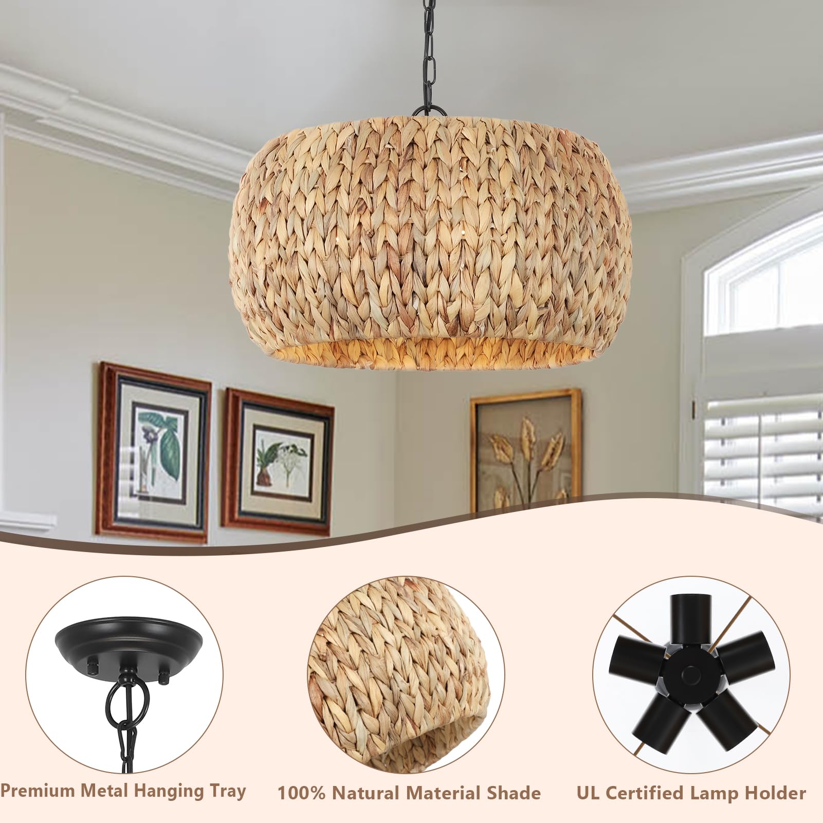 Rustic Farmhouse Boho Chandelier - 5-Light Rattan Pendant Light with Natural Water Hyacinth Lampshade - Perfect for Dining Room, Kitchen Island Lighting, Bedroom & Living Room Decor - Creates Cozy Boho Ambiance for Home & Cafe