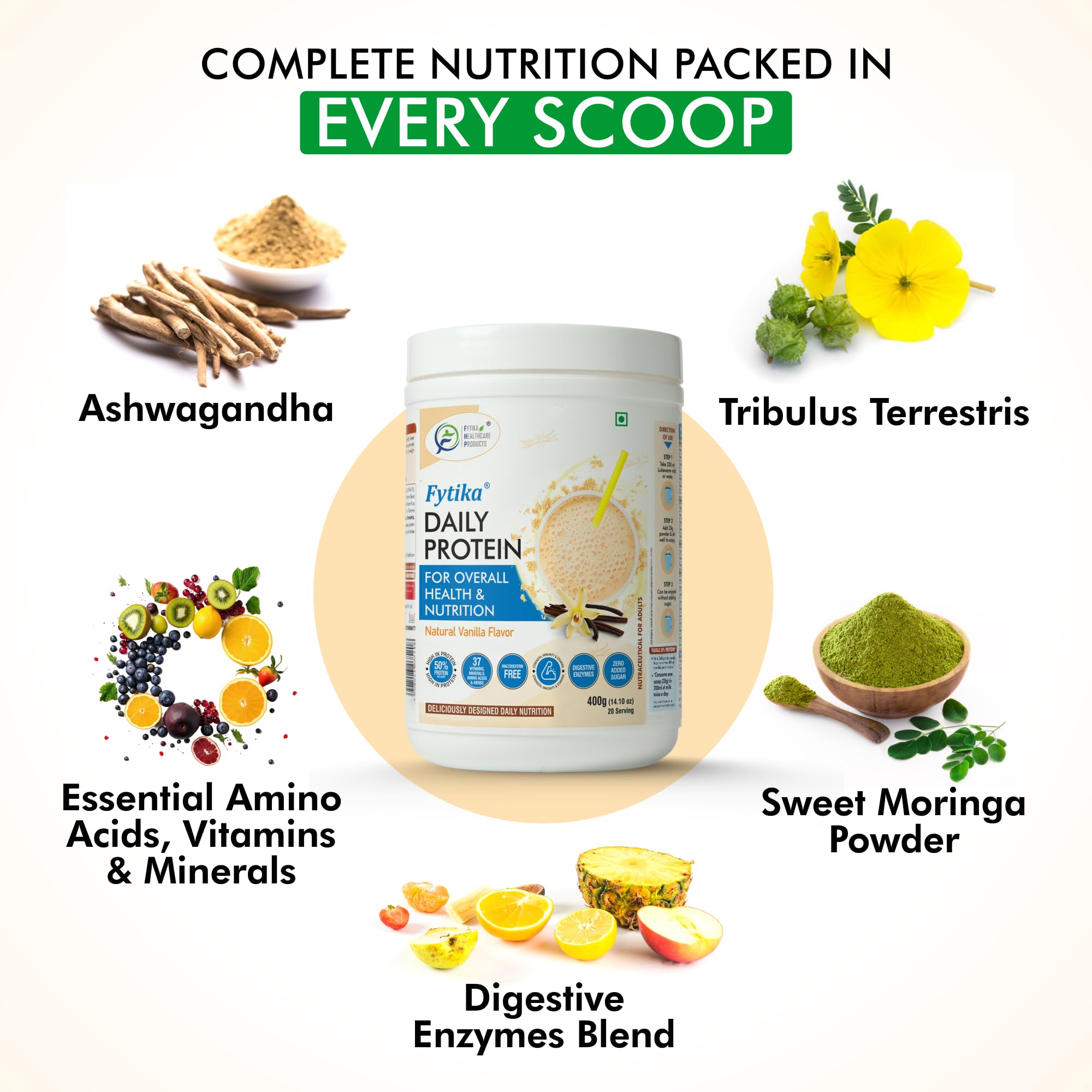 FYTIKA Daily Protein Powder for Adults - 37 Essential Vitamins & Minerals, 50% Protein Per Serving | High Protein Drink for Women & Men | Vanilla Flavor, 400g (Pack of 1) | Perfect for Post-Workout Recovery & Healthy Lifestyle