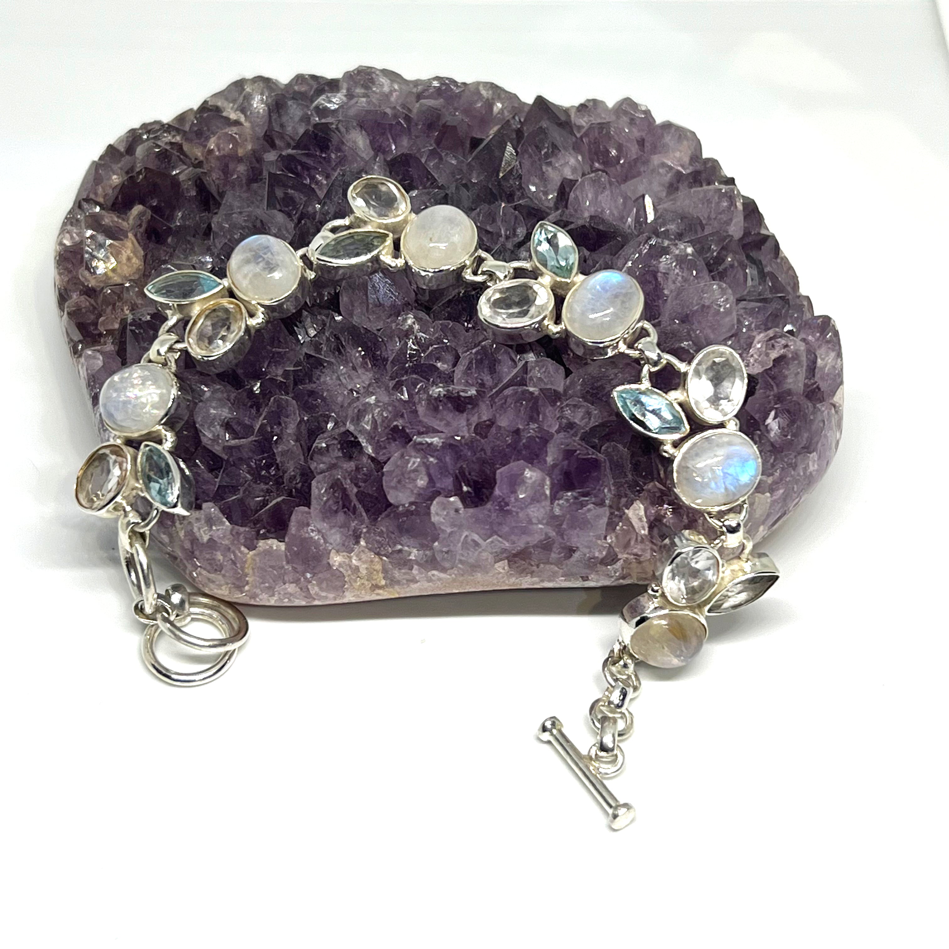 925 Sterling Silver Moonstone Clear Quartz Blue Topaz Bracelet for Women - Elegant Healing Crystal Jewelry for Meditation, Yoga & Spiritual Gifts