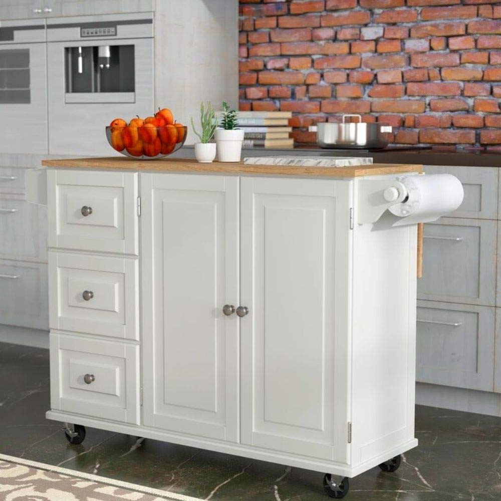 **Rolling Kitchen Island Cart with Drop Leaf Wood Top - 3 Drawer Storage Cabinet, Spice Rack & Towel Holder - Mobile Breakfast Bar, Food Prep & Serving Table for Dining & Kitchen Organization**    *(Use Case: Perfect for small kitchens, entertaining guests, meal prep, extra storage, and stylish serving during parties or family gatherings.)*