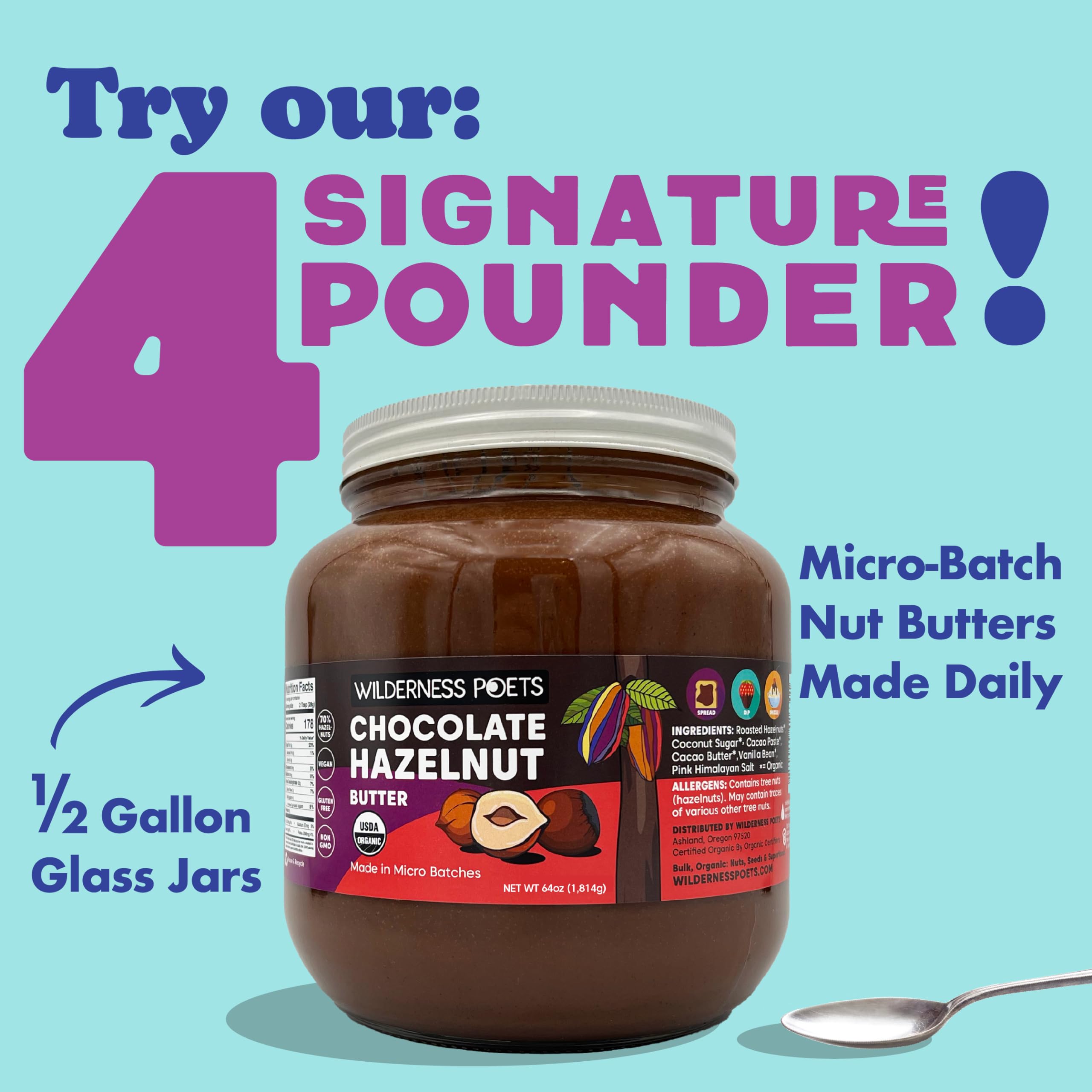 Organic Chocolate Hazelnut Butter - 70% Hazelnuts, 30% Dark Chocolate - Healthy Snack for Hiking & Breakfast