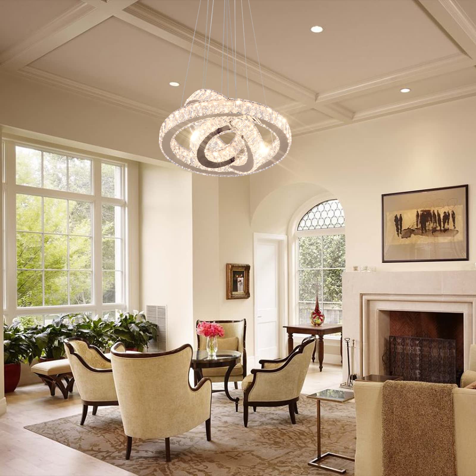 FRIXCHUR 3 Ring LED Chandelier - Modern Crystal Pendant Light Fixture with Gold Finish, 3000K Warm White Lighting for Bedroom, Dining Room, High Ceiling Foyer - Perfect for Romantic Dinners & Luxury Home Decor