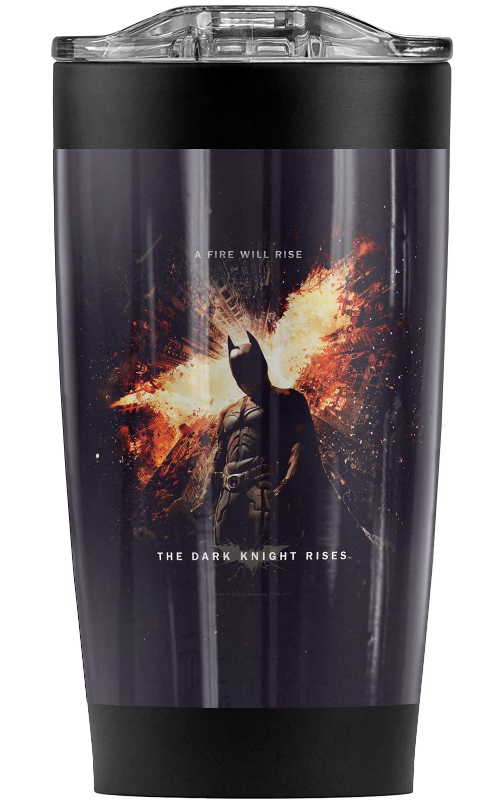 Batman Dark Knight Rises Fire Will Rise 20oz Stainless Steel Tumbler - Vacuum Insulated Coffee Travel Mug with Leakproof Sliding Lid | Double Wall Insulation for Hot & Cold Drinks | Perfect for Superhero Fans, Office Commute, Gym & Outdoor Adventures