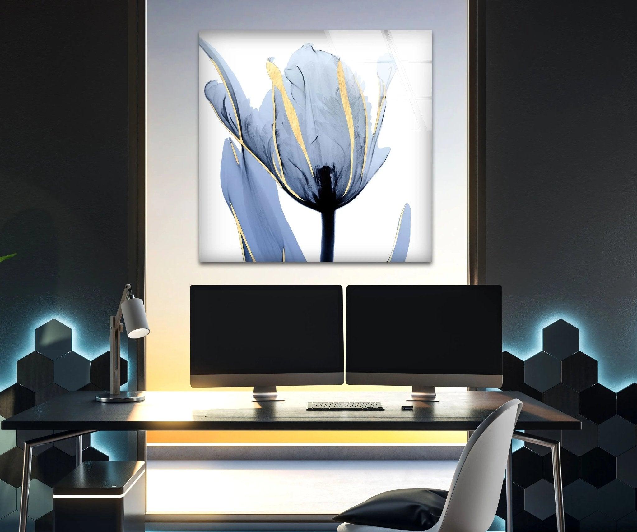 Albert Koetsier Blue Tulip Flower Glass Wall Art - Handcrafted Stained Glass Window Decor for Home, Office & Gift - Perfect for Living Room, Bedroom & Wedding Decorations