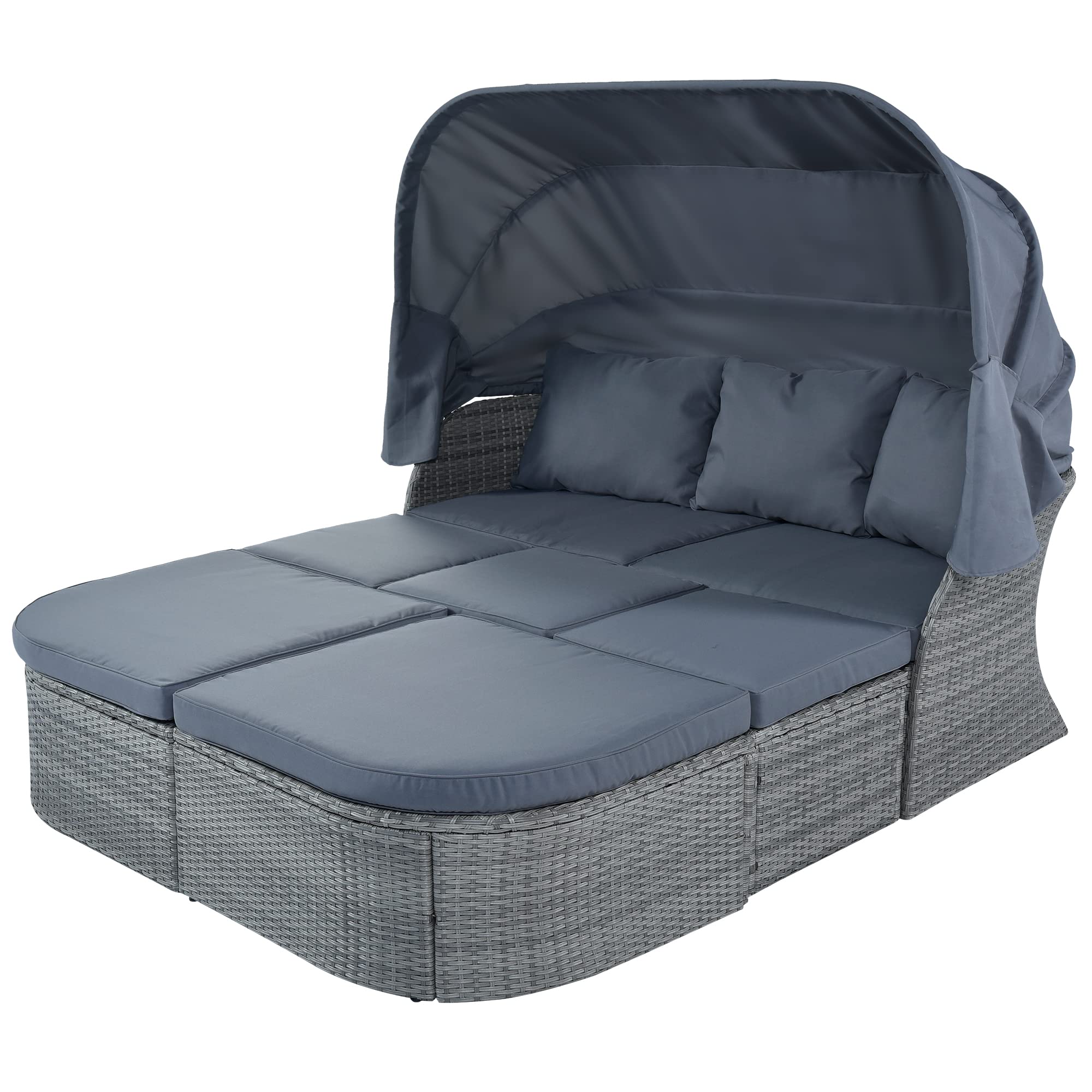 **Outdoor Round Daybed Sunbed with Retractable Canopy, Coffee Table & Cushions - All-Weather Patio Furniture Set, Wicker Sectional Sofa Conversation Set (Gray & Blue Gray) - Perfect for Poolside Lounging, Garden Relaxation & Outdoor Entertaining**