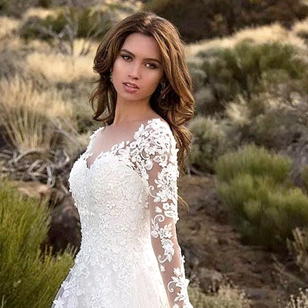2025 New Women's Long Sleeve Lace Wedding Dress - Elegant Solid Color Bridal Gown for Bride, Church Ceremony & Romantic Photoshoot
