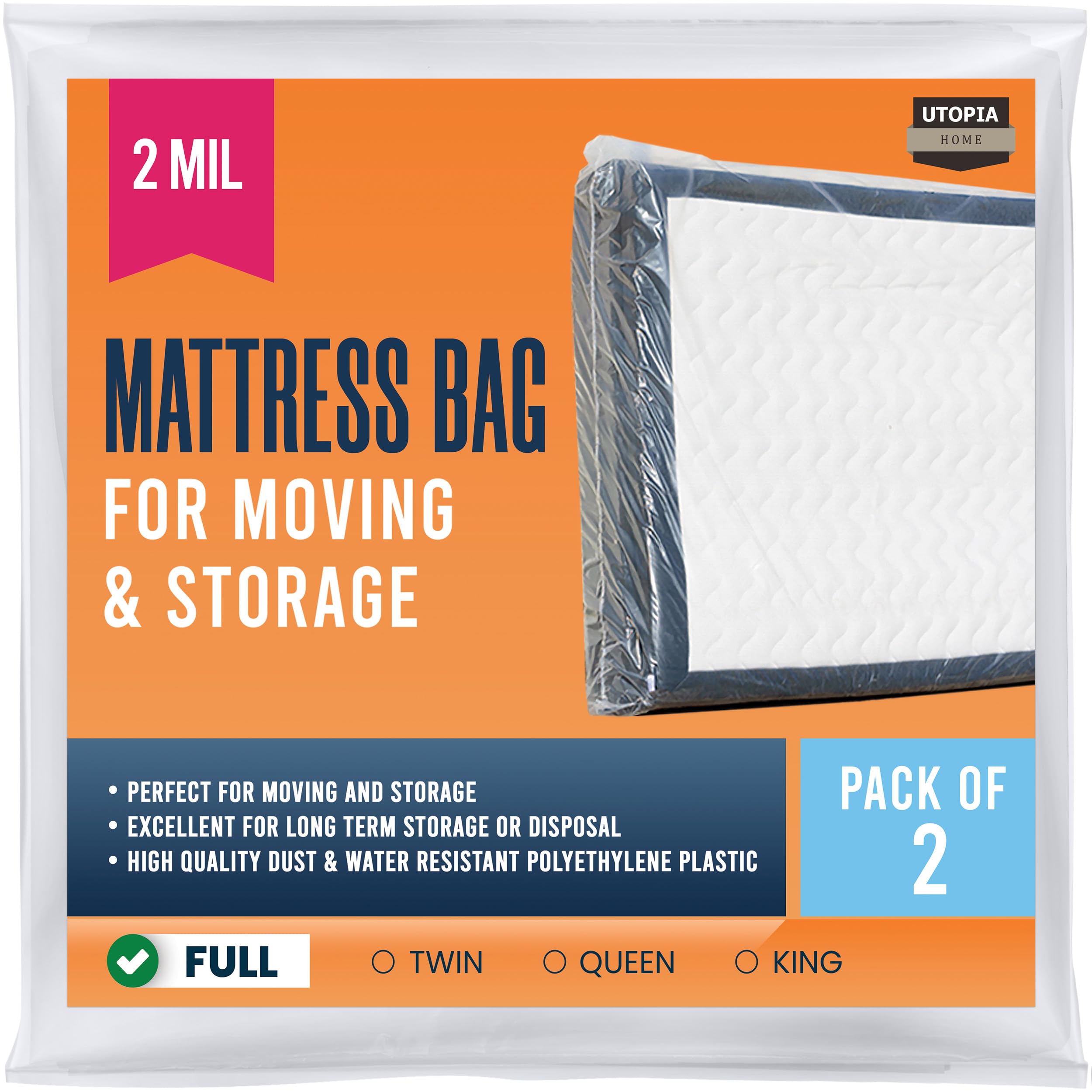Utopia Home Full Size Mattress Storage Bags for Moving (Pack of 2) - Waterproof Plastic Mattress Covers with Zipper, Fits 14 Inch Mattress - Perfect for Moving, Storage & Bed Bug Protection
